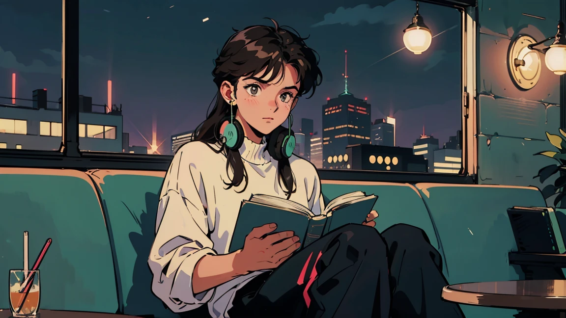 best qualityer, 8k, 1990s style,2010s hairstyles,  21 years old, Bblack hair, long hair, lightbrown eyes, city pop, pants ,night vision, Wearing Headphones,reading a book, all-body,  Relax Cafe,tabletop,CONFECTION,Staring at me, cat black
