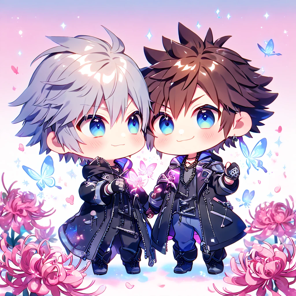 absurd resolution, high resolution, ultra detailed, detailed eyes, extremely detailed, HDR, 8K, Riku chibi, gray hair, expressive blue eyes, Kingdom Hearts 3, Sora chibi, brown hair, expressive blue eyes, two boys together, yaoi, gay couple, cute, black coat, black jacket, fantasy, cool, magical, pink glittering butterflies, pink dust flying around, pink spider lilies, pink petals, pink lanterns, icy, cold, pink blossoms