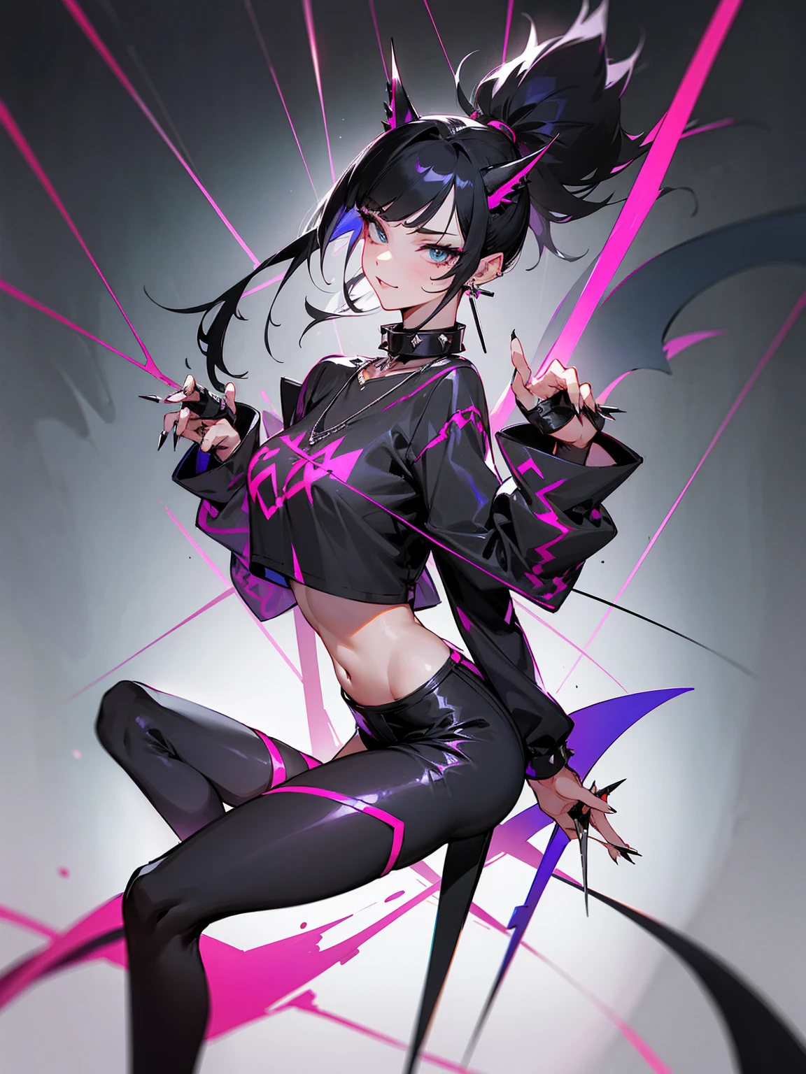 ((Long Straight Black hair)), Perfect face, Choker, Punk earrings, ((Tall)), ((High Quality)), Necklace, ((Mature)), Pretty Eyes, Sharp Nails, Bangs, ((1 Girl)), ((Multiple Earrings)), 1 girl, Spiky Earrings, Adult, Spiked Collar, Thin Eyelashes, Black Background, Long Tail, Large Tail, Shark Tail, ((Short Pants)), ((Long Sleeve Crop Top)), Close Up, Tall, Long Legs, ((Dynamic Pose)), Black Tail, 2 moles under left eye, Pantyhose, Vibrant Colors, Close Up, Sexy, Suggestive, Sexually Suggestive, Thick, Thick Body, Skinny, Black Thigh Highs, Teasing, Ponytail, Slender Body, Stylish, NSFW, Naked, Nipples, Vagina,