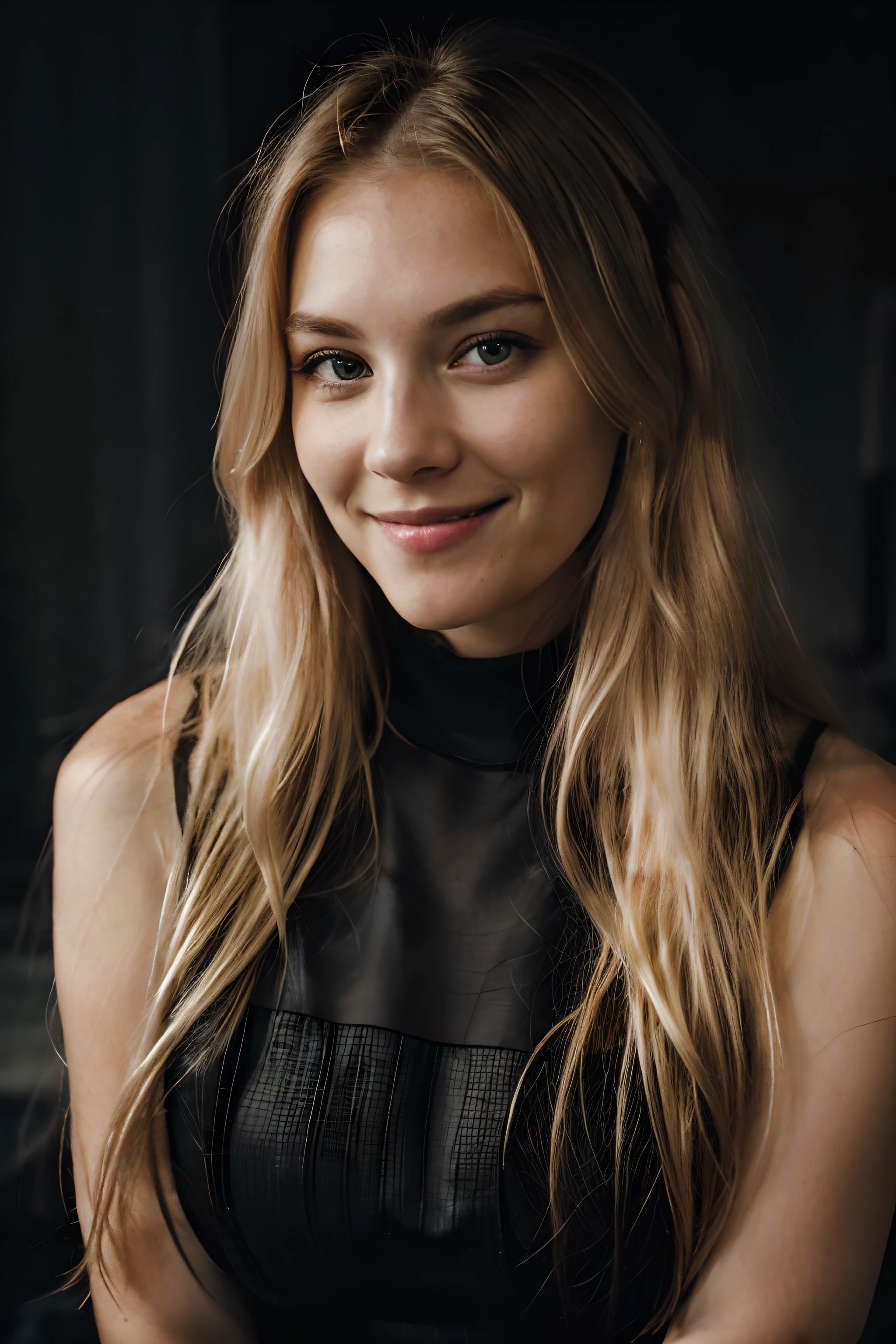 Eye contact of a smiling blonde woman, with long hair, in her early 20s, cloused mouth, posing sideways and dark theme