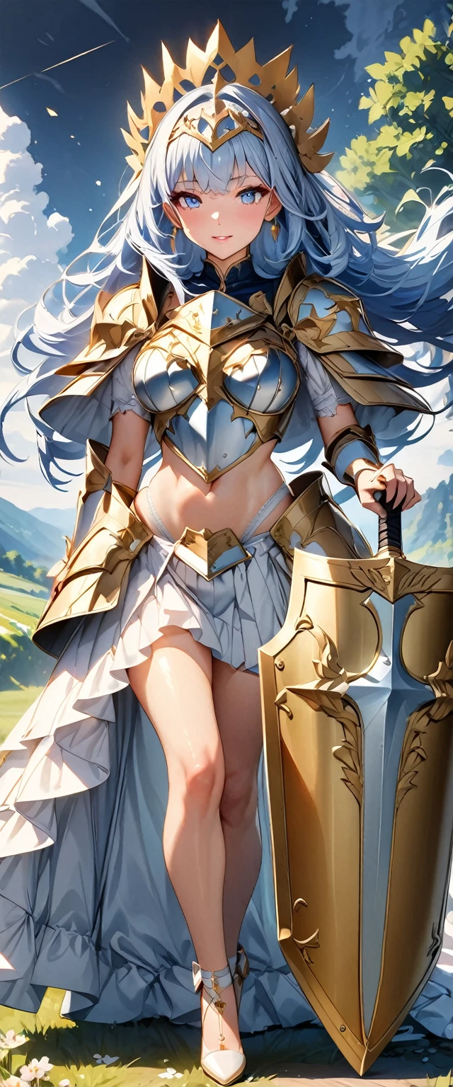 (Perfect Anatomy)、Mastepiece、Ultra High Quality、 8k、masterpiece、Highest quality、Ultra-high resolution、Maximum resolution、Very detailed、Professional Lighting、anime、woman、thin、so beautiful、Highly detailed eye、Highly detailed face、Blue and white armor, , Golden decorated luxury tiara，Golden earrings，Frilly Armor，Light blue hair, blue eyes，White underwear、Gloss Lip、Pink Lips、grassland, full body, (((long sword))), (((shield))), goddess armor, high heels, floating hair, knight wizard, Crafting a flower crown