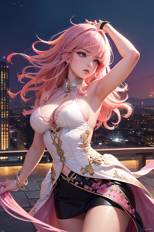 magazine cover, "(ultra-detailed CG illustration), best quality, masterpiece, dreamlike, beautiful, city vibe, lights, night, high saturation, (1 girl with pink hair:1.3), (dancing:1.1), (Nicole Demara (zzz): 1.2)."