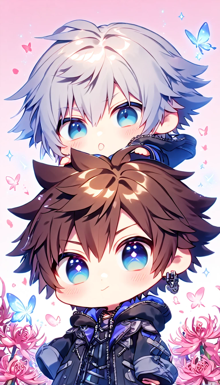 absurd resolution, high resolution, ultra detailed, detailed eyes, extremely detailed, HDR, 8K, Riku chibi, gray hair, expressive blue eyes, Kingdom Hearts 3, Sora chibi, brown hair, expressive blue eyes, two boys together, yaoi, gay couple, cute, black coat, black jacket, fantasy, cool, magical, pink glittering butterflies, pink dust flying around, pink spider lilies, pink petals, pink lanterns, icy, cold, pink blossoms