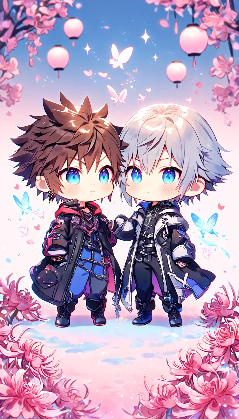 absurd resolution, high resolution, ultra detailed, detailed eyes, extremely detailed, HDR, 8K, Riku chibi, gray hair, expressive blue eyes, Kingdom Hearts 3, Sora chibi, brown hair, expressive blue eyes, two boys together, yaoi, gay couple, cute, black coat, black jacket, fantasy, cool, magical, pink glittering butterflies, pink dust flying around, pink spider lilies, pink petals, pink lanterns, icy, cold, pink blossoms