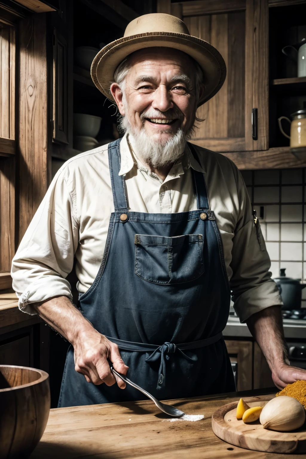 old ancient man, looking 60 years old, Grinning, kind, in a wooden kitchen, with seasonings, coriander, mostarda, barba, country clothing, banjo, spices, antique photo, oldwest, chef, older, enviroment, rich in detail, black andwhite, faucet, large table, codiments, dramatic lighting