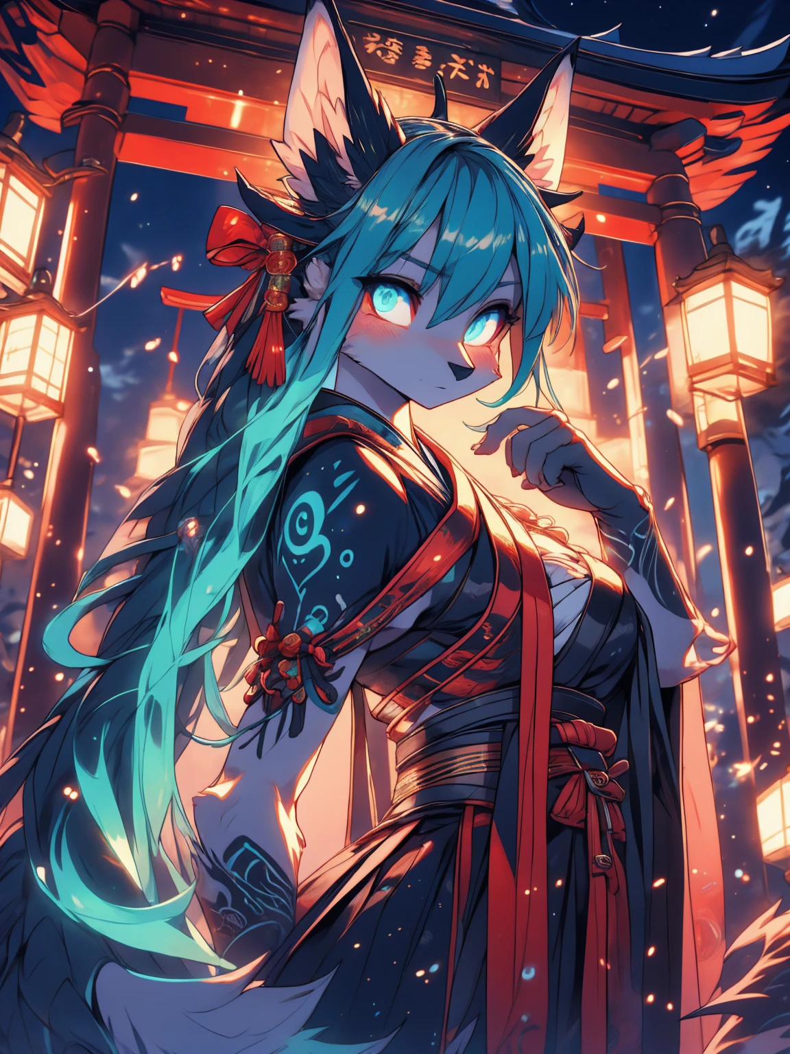 Miku Hatsune x vixen high definition good anatomy agregar_detalle:1, pelaje azul,Orejas de Kitsune, tribal tattoo agregar_detalle:1, cute girl agregar_detalle:1, feudal priestess clothing agregar_detalle:1, japanese shrine landscape agregar_detalle:1, japanese shrine costume agregar_detalle:1, agregar_detalle:1, fullbody  descalza agregar_detalle, highly detalleed face, deep aqua iris agregar_detalle:1 glowing eyes agregar_detalle:3, agregar_detalle:1, wild slut agregar_detalle:1, matsuri japones de fondo