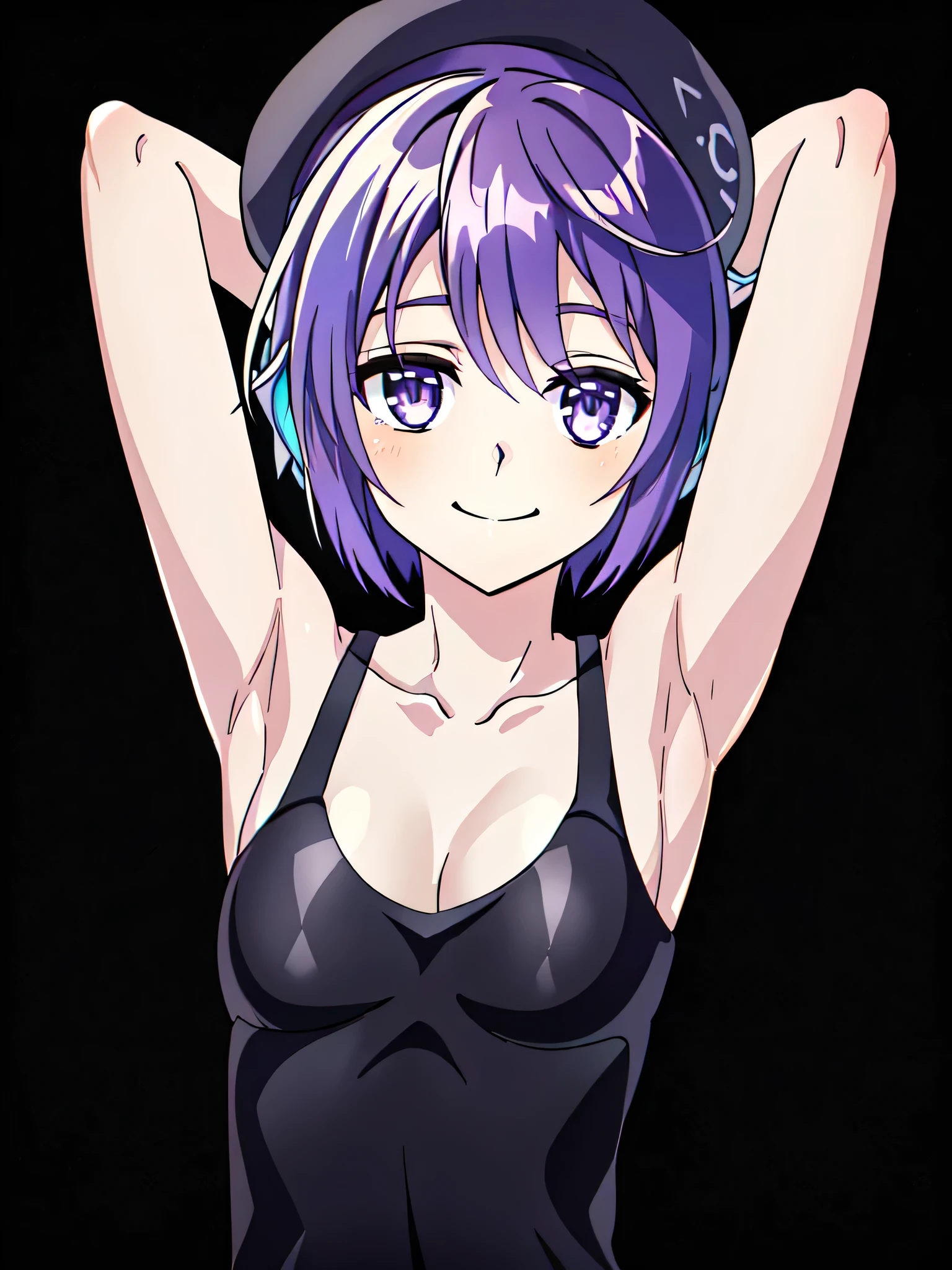 purple beret, short hair, purple hair, purple eyes, (small breasts:1.4), (robot_ears:1.3), tank top, black tank top, bare shoulders, bare arms, collarbone, cleavage, (bangs:1.5), 1girl, solo, anime screencap, frontlighting, (simple background, black background, dark background:1.3), masterpiece, absurdres, hdr, soft light, best quality, detailed, highres, shiny skin, shiny hair, (looking at viewer, eye contact with viewer:1.5), light smile, (closed mouth:1.2), arms up, raised arms, armpits, in the center, symmetrical, upright,