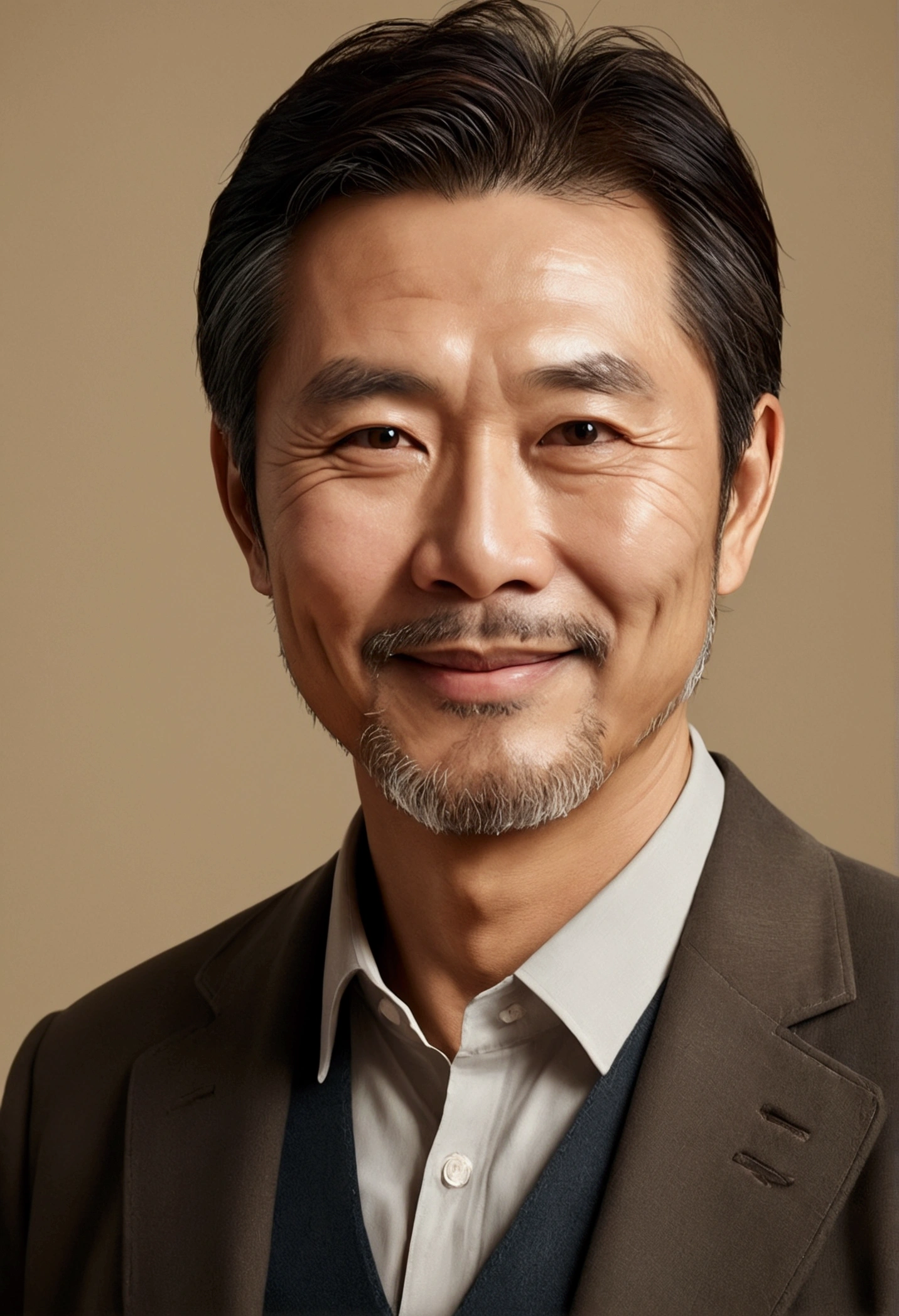 (best quality,highest resolution),man standing,(realistic,realistic:1.37),Detailed faces and expressions,soft eyes,subtle smile,Short beard,classic portrait style,warm tone,soft and uniform lighting,detailed clothing,Quiet and peaceful atmosphere、dignified man,looking at the camera、Japanese male, 50 years old、smile kindly、front view