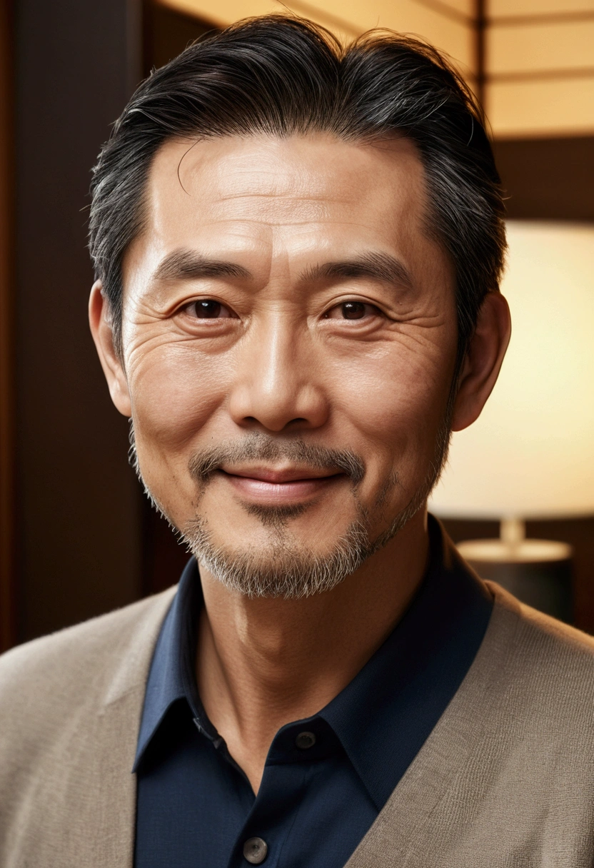 (best quality,highest resolution),man standing,(realistic,realistic:1.37),Detailed faces and expressions,soft eyes,subtle smile,Short beard,classic portrait style,warm tone,soft and uniform lighting,detailed clothing,Quiet and peaceful atmosphere、dignified man,looking at the camera、Japanese male, 50 years old、smile kindly、front view