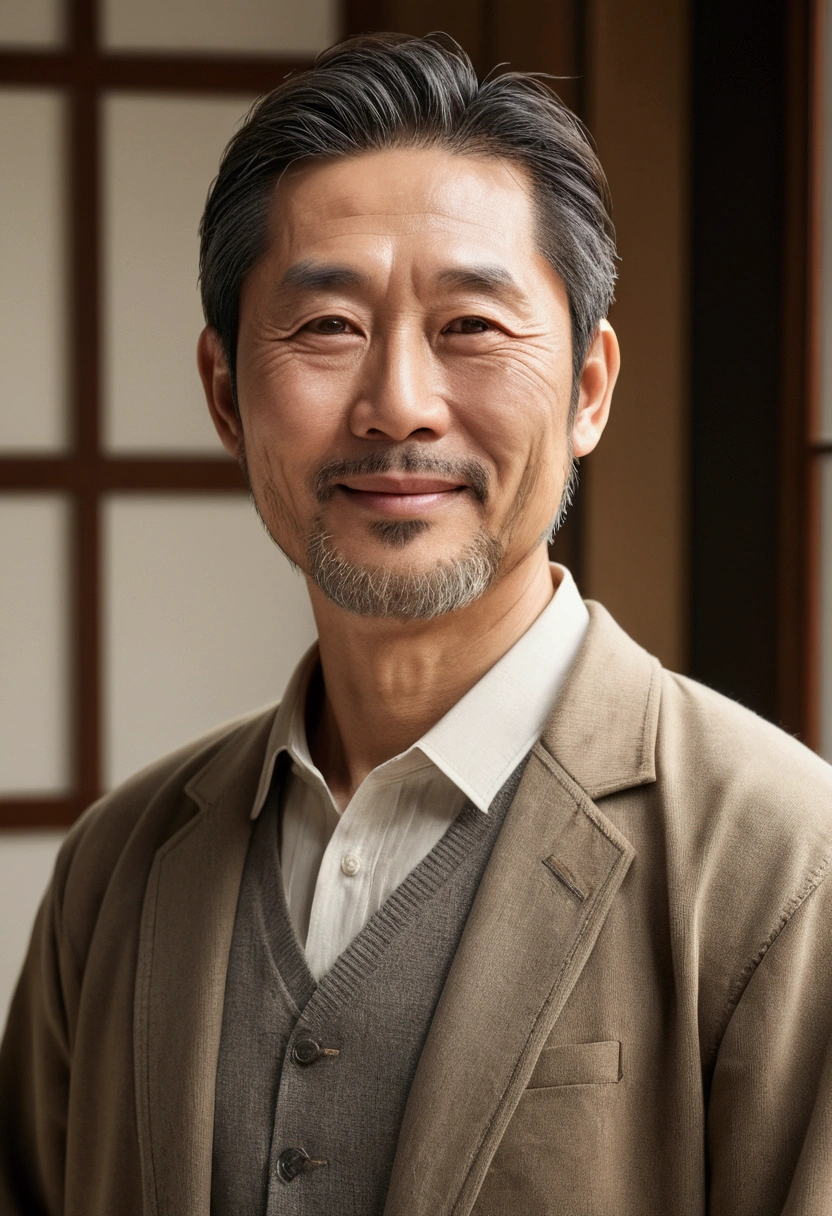 (best quality,highest resolution),man standing,(realistic,realistic:1.37),Detailed faces and expressions,soft eyes,subtle smile,Short beard,classic portrait style,warm tone,soft and uniform lighting,detailed clothing,Quiet and peaceful atmosphere、dignified man,looking at the camera、Japanese male, 50 years old、smile kindly、front view