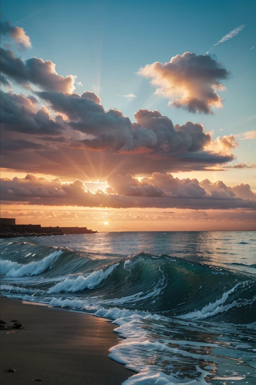 "Create a beautiful sea landscape painting, inspired by the shining sunset over the ocean and the play of reflections on the water surface."