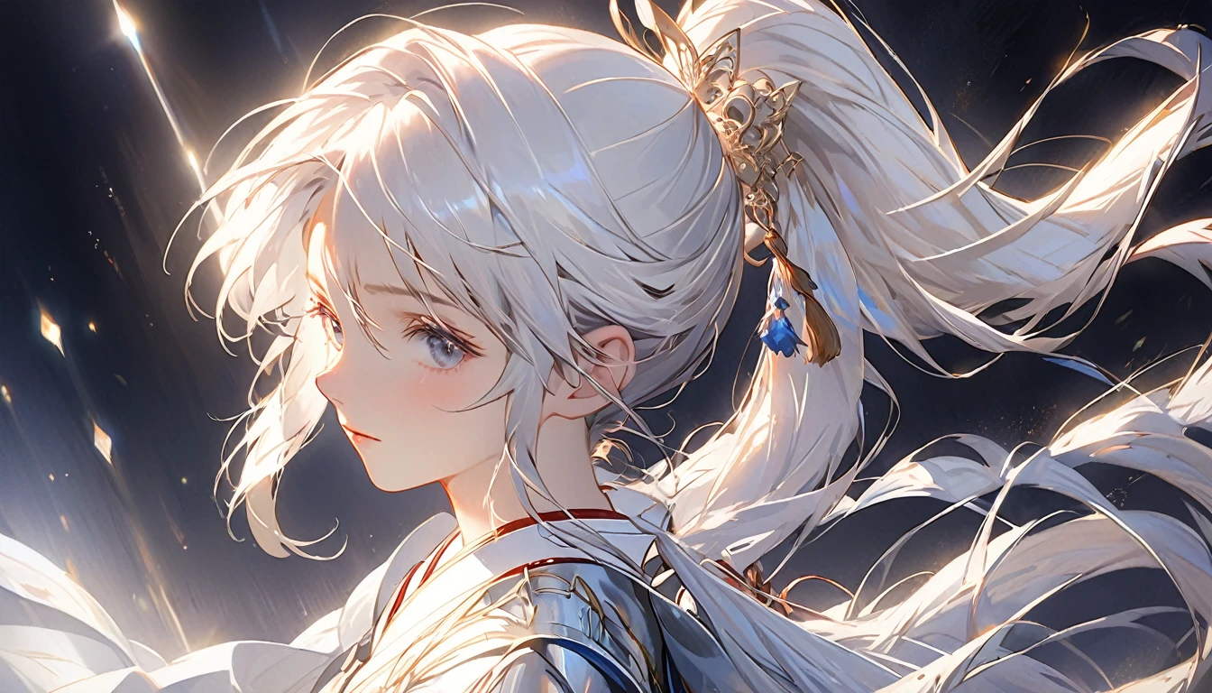 Ponytail,best quality,ultra-detailed,portraits,light,peaceful,captivating,long white hair,armor,dark background,delicate features,subtle colors,Ethereal Beauty,graceful pose