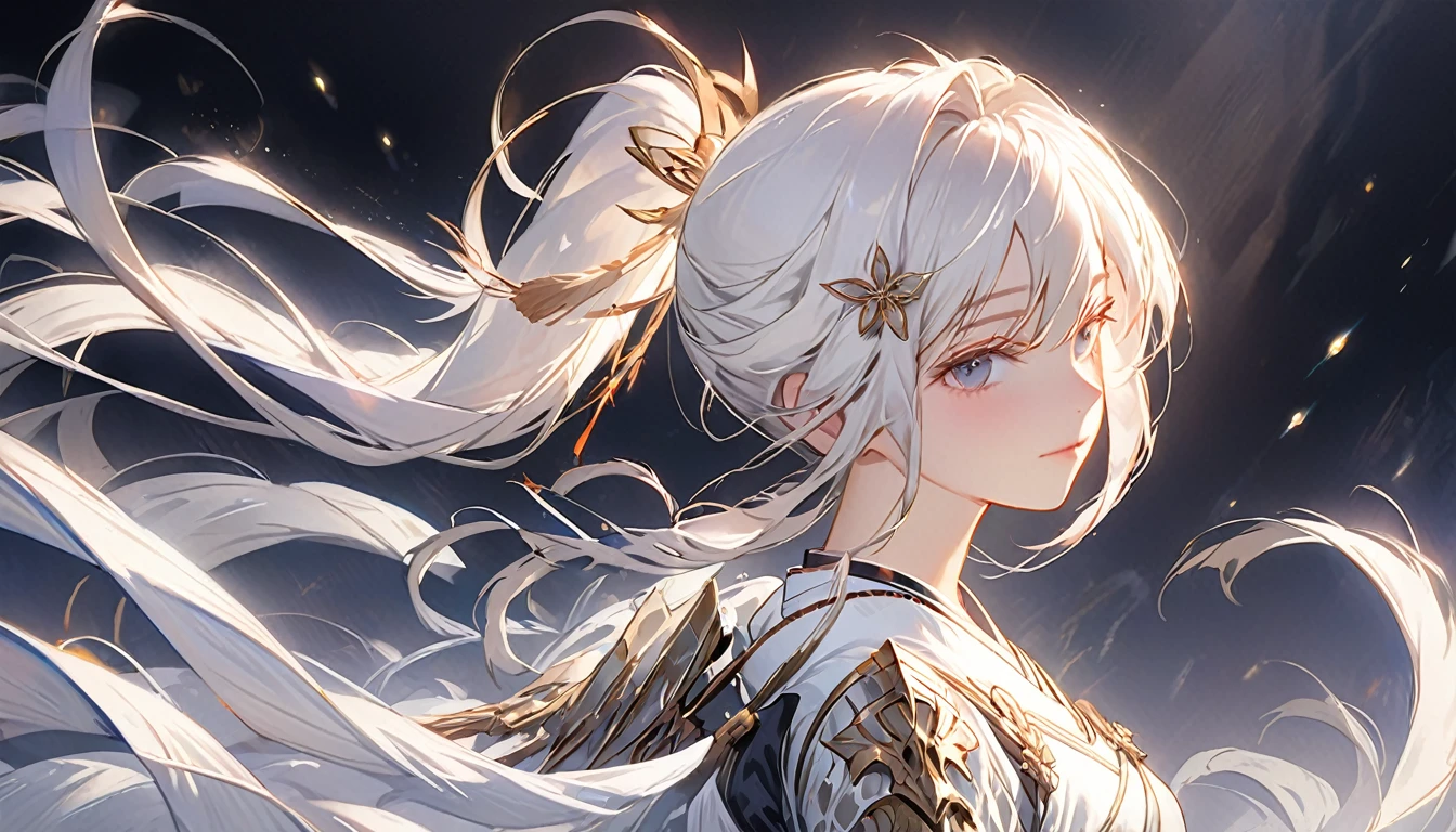Ponytail,best quality,ultra-detailed,portraits,light,peaceful,captivating,long white hair,armor,dark background,delicate features,subtle colors,Ethereal Beauty,graceful pose