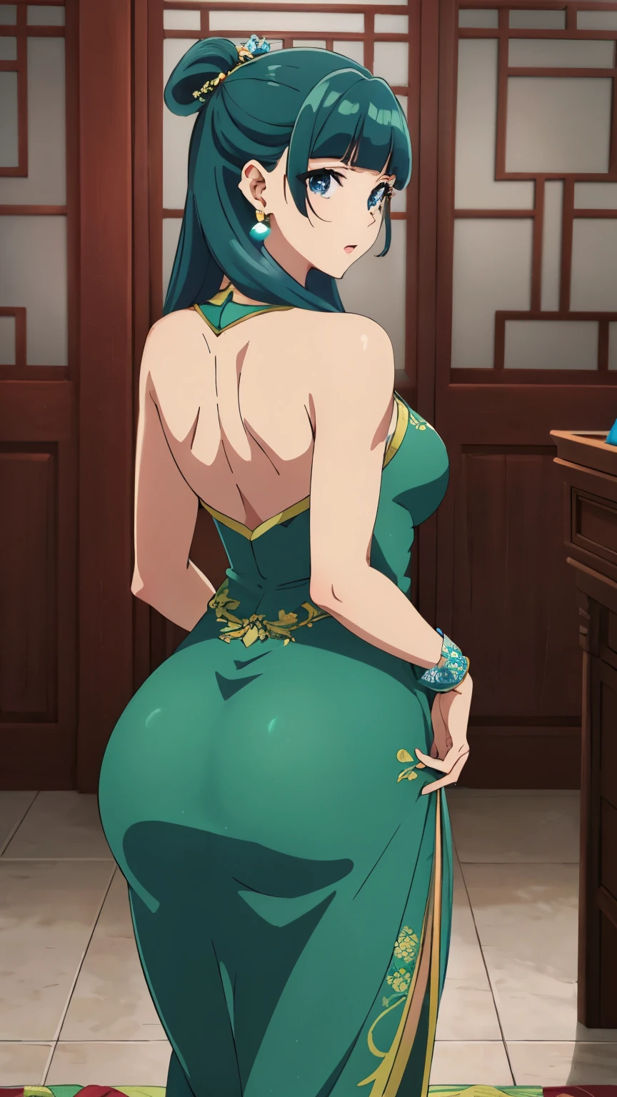 Top quality (8k, high resolution, masterpiece: 1.2), super detailed, anime art style, dynamic angle, photo from behind, teen style, (Chinese dress, exposed shoulders, earrings, indoor), Thicc ass,  detailed green hair, detailed blue eyes, intricate hairstyle, long hair , slim body, sparkling eyes, youthful, hair accessories, earrings, half-updo, slightly dull bangs, detailed lighting, bright colors, looking at the viewer, in the center of the image, cowboy shot, ((FOCUS ON ASS))