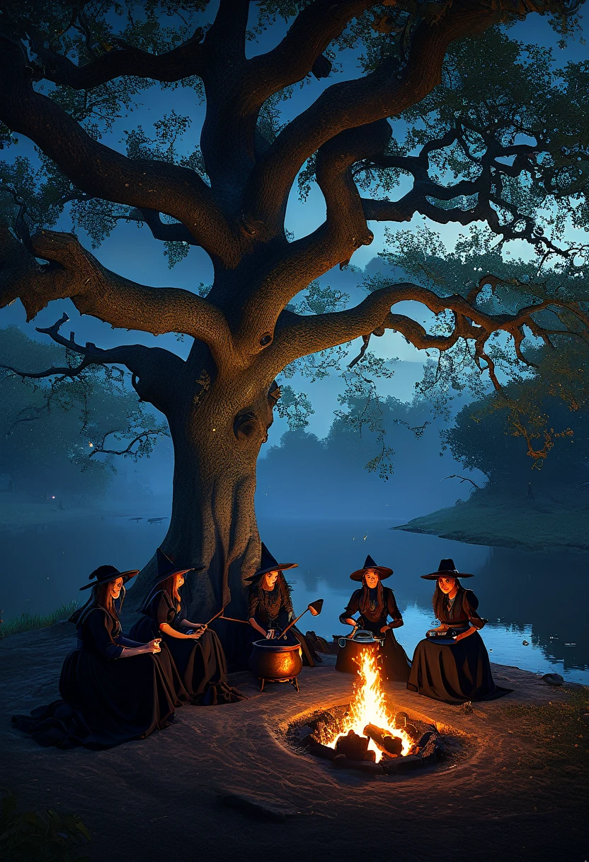 Three witches sitting on a bluff by a river under a spreading oak tree, a cauldron hanging over a fire, steam coming, masterpiece, best quality, (extremely detailed CG unity 8k wallpaper), (best quality), (best illustration), (best shadow), absurd, realistic lighting, (Abyss), beautiful detailed glow, art by PeterMohrBacher,