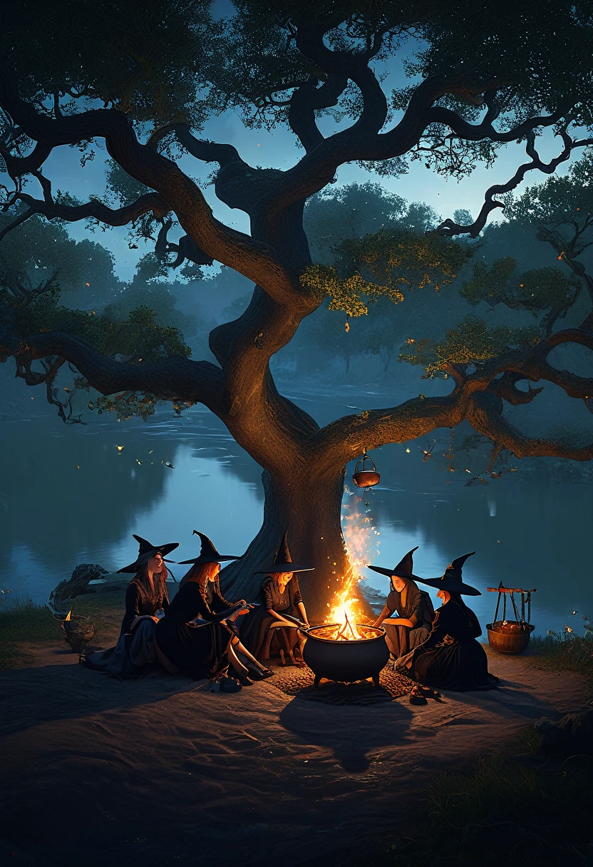 Three witches sitting on a bluff by a river under a spreading oak tree, a cauldron hanging over a fire, steam coming, masterpiece, best quality, (extremely detailed CG unity 8k wallpaper), (best quality), (best illustration), (best shadow), absurd, realistic lighting, (Abyss), beautiful detailed glow, art by PeterMohrBacher,