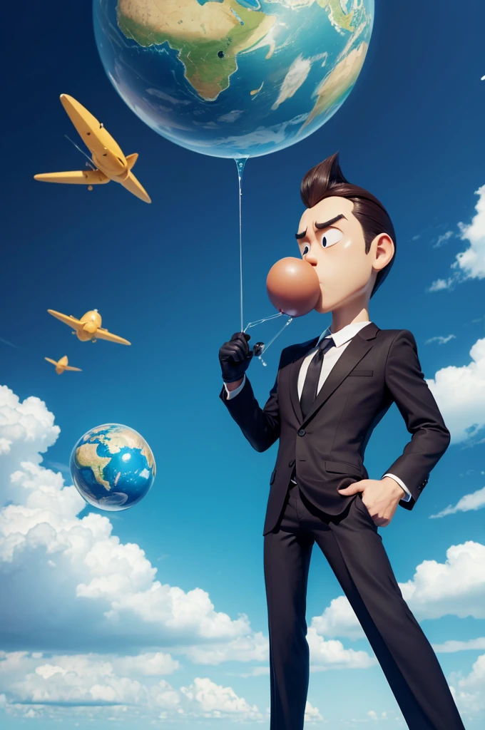 A cartoon planet blowing a suit
