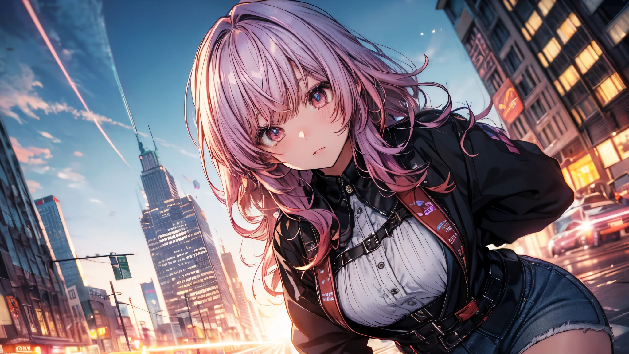 NY, (gradient hair, dutch angle:1.3), film grain, chromatic aberration, city, masterpiece, best quality, raw photo, photorealistic, absurdres, 1girl, cute, perspective, cowboy shot, highres, ultra detailed, detailed eyes and face, sharp pupils, realistic pupils, sharp focus, summer, night,