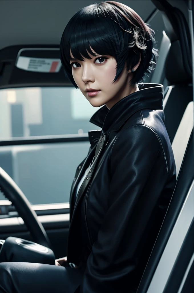 Takemi, the doctor from Persona 5, she is sitting in the driver&#39;s seat of a dark car. the moon shines in the sky, and the city lights reflect on the windshield. His expression is serious and focused as he holds the steering wheel.. The wind blows her dark hair, and her gaze is fixed on the road that stretches before her.