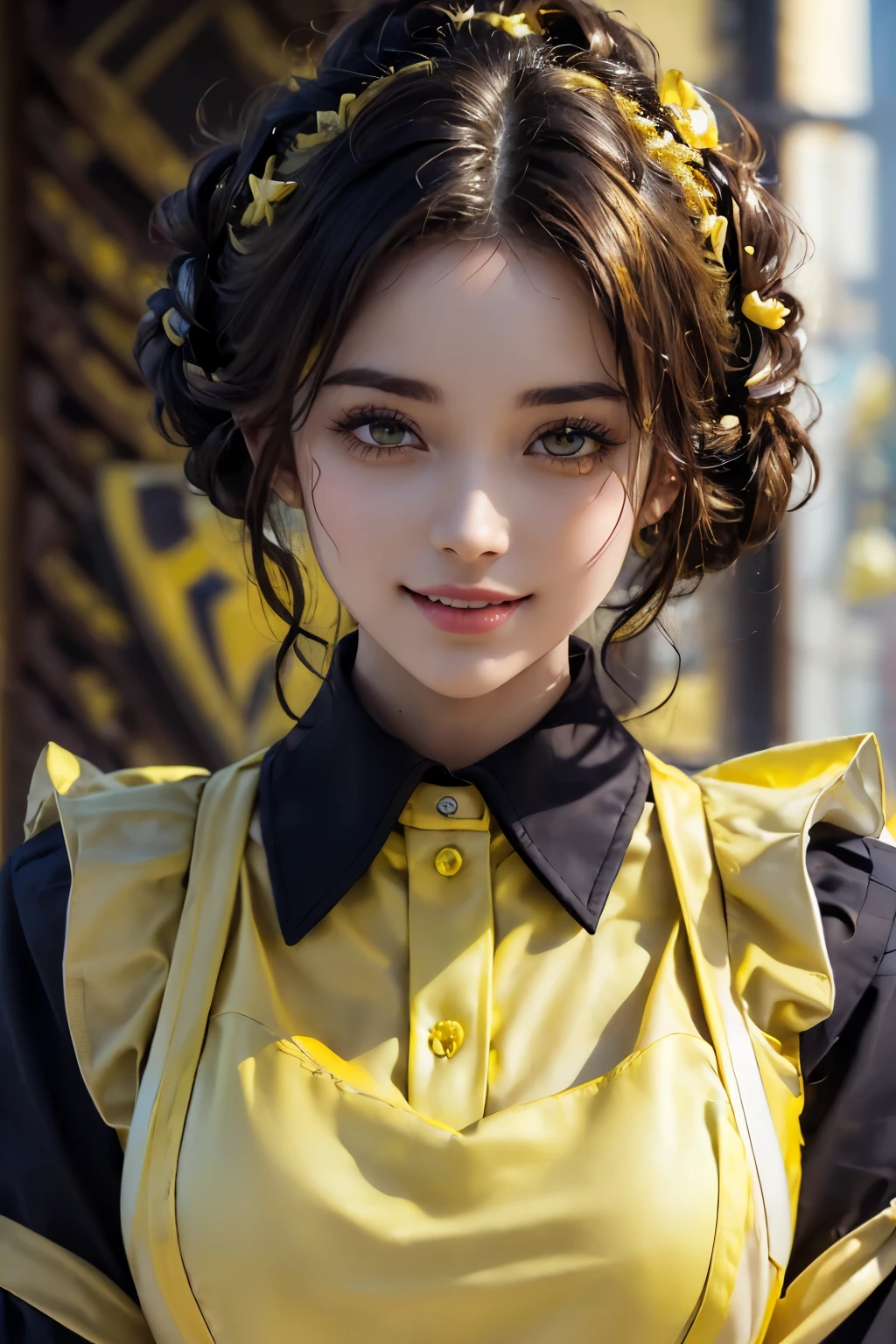 Score_9, score8_up, ((highest quality, 8k, masterpiece)), Super detailed, Sharp focus, One beautiful woman, ((Lemon Yellow Polar Apron:1.4)), (Updo:1.4), (Simple collared shirt:1.4), Highly detailed face and skin texture, ((Fine grain)), ((Beautiful dark eyes:1.4)), (smile:1.15), (Mouth closed), Cafe,cute girl
