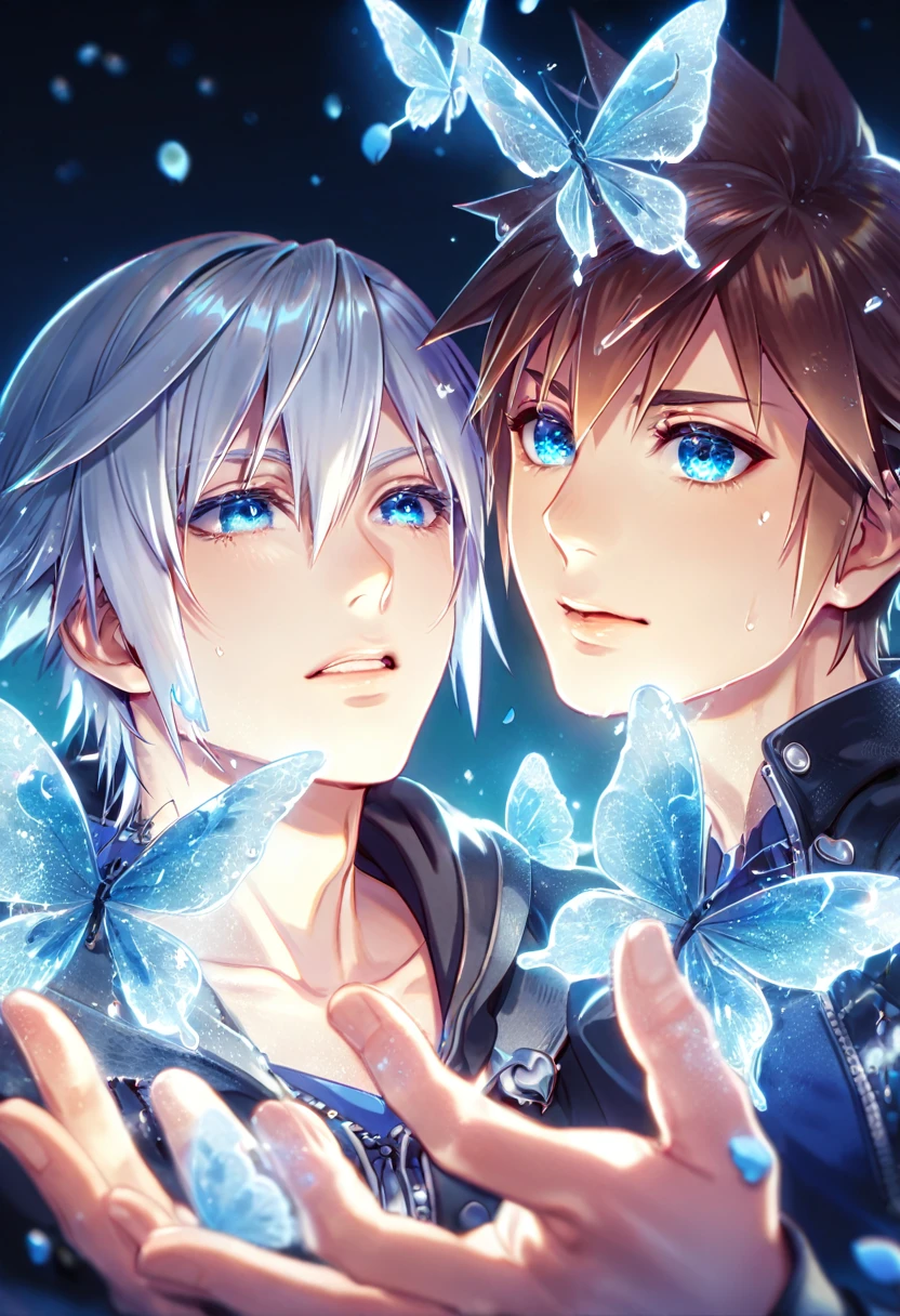absurd resolution, high resolution, ultra detailed, detailed eyes, extremely detailed, HDR, 8K, Riku, gray hair, expressive blue eyes, Kingdom Hearts 3, Sora, brown hair, expressive blue eyes, two sexy men, yaoi, gay couple, handsome, black coat, black jacket, fantasy, cool, magical, blue glittering butterflies, blue dust flying around, blue spider lilies, blue petals, blue lanterns, icy, cold, blue blossoms