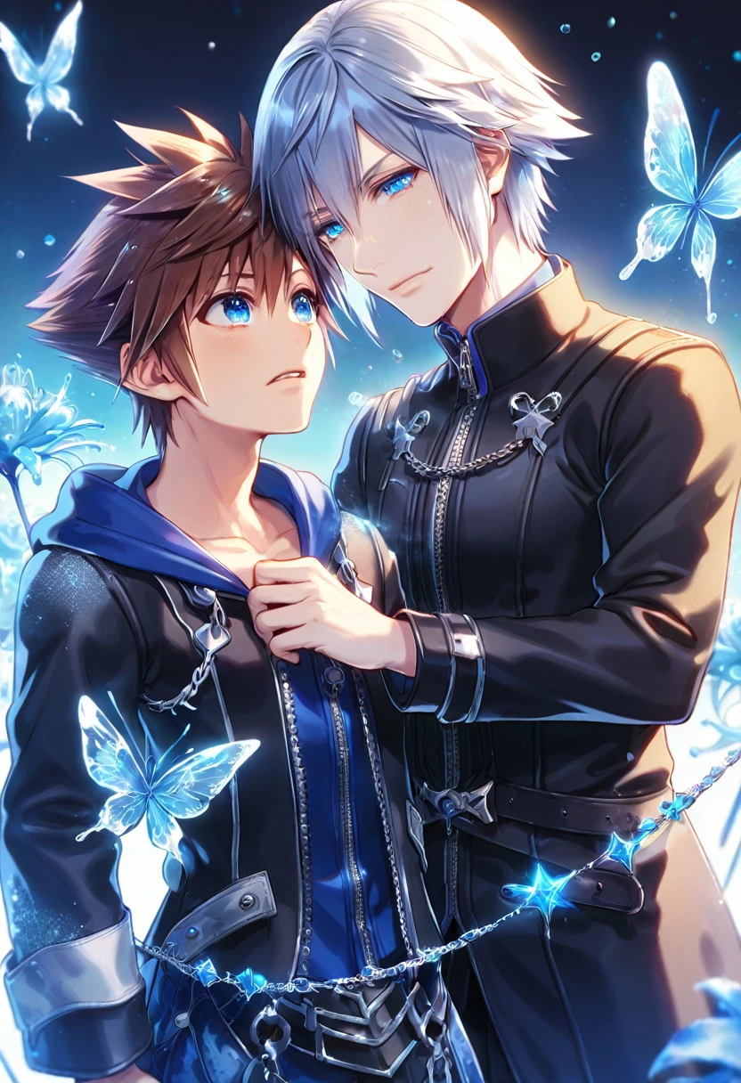 absurd resolution, high resolution, ultra detailed, detailed eyes, extremely detailed, HDR, 8K, Riku, gray hair, expressive blue eyes, Kingdom Hearts 3, Sora, brown hair, expressive blue eyes, two sexy men, yaoi, gay couple, handsome, black coat, black jacket, fantasy, cool, magical, blue glittering butterflies, blue dust flying around, blue spider lilies, blue petals, blue lanterns, icy, cold, blue blossoms