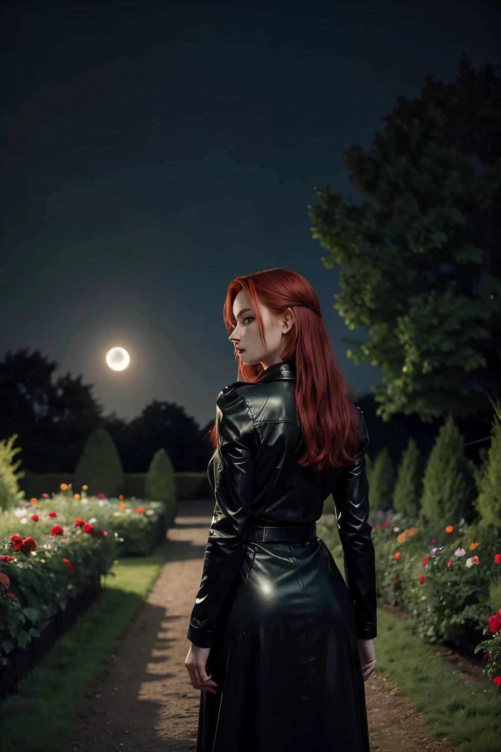 realistic, 1 girl, red hair, green eyes, black leather outfit, from behind, garden, flowers, mansion, night, moon, knife in hand