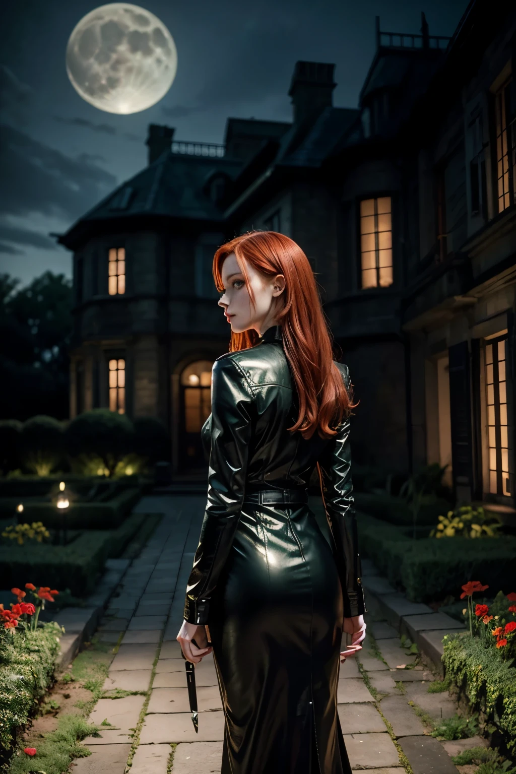 realistic, 1 girl, red hair, green eyes, black leather outfit, from behind, garden, flowers, mansion, night, moon, knife in hand