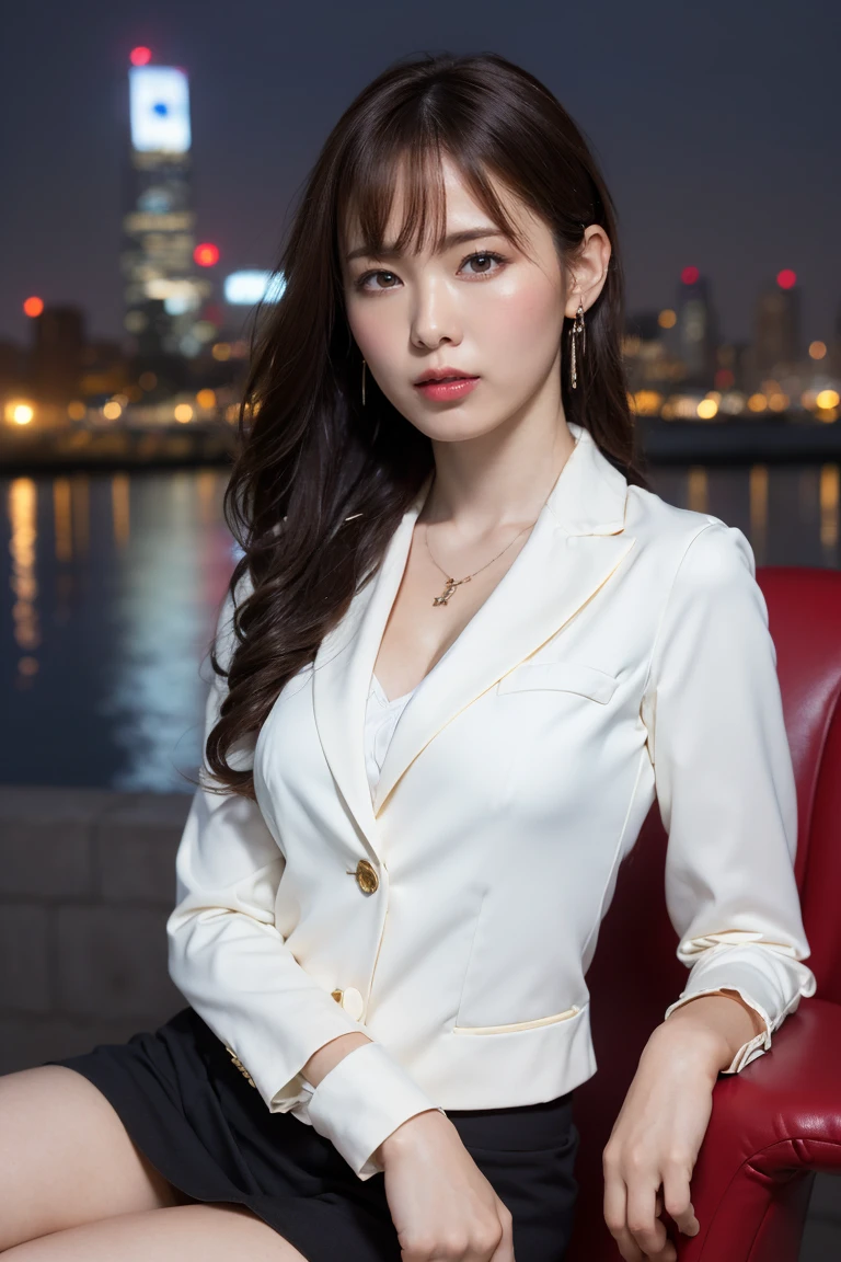 ((Upper Body))、(masterpiece:1.3), High resolution, Very detailed, Highly detailed CG Unity 8K wallpapers, Realistic, photo-Realistic, RAW Photos, Beautifully detailed face, Pale skin, Realistic glistening skin, Detailed cloth texture, Detailed hair texture, Perfect Style, Beautiful Face, Accurate, Anatomically correct, Very detailed顔と肌の質感, fine grain, Brown eyes, double eyelid, Thin eyebrows, (Droopy eyes:0.65), (Glitter Eyeliner:1.2), Natural Cheeks, Glowing Skin, (Fair skin:1.2), Shiny necklace and earrings, (Glossy Lips: 1.4),
break
(Classy and cute girl:1.3), (High ponytail hairstyles, Wavy Hair, Dark brown hair), (Captivating smile:1.2) (Wear an elegant business suit:1.3), (Black Stockings), Medium large ,
break
((Cowboy Shot:1.2)), (Cross-legged sitting pose:1.4), At the train door, ((Night city view:1.2)),
Show off your V-line、