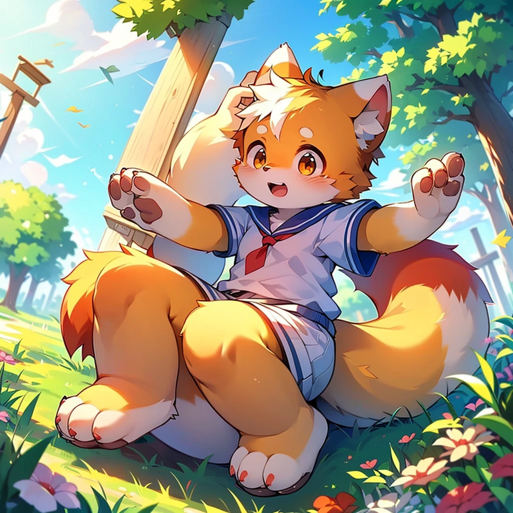 Red Panda Girl,Characteristics of the Sailor Suit,super high quality,Very detailed,High resolution,Cute art style in anime,Rice field scenery,(Cheerful teenager,13 years old:1.3),alone,single,Cute face female