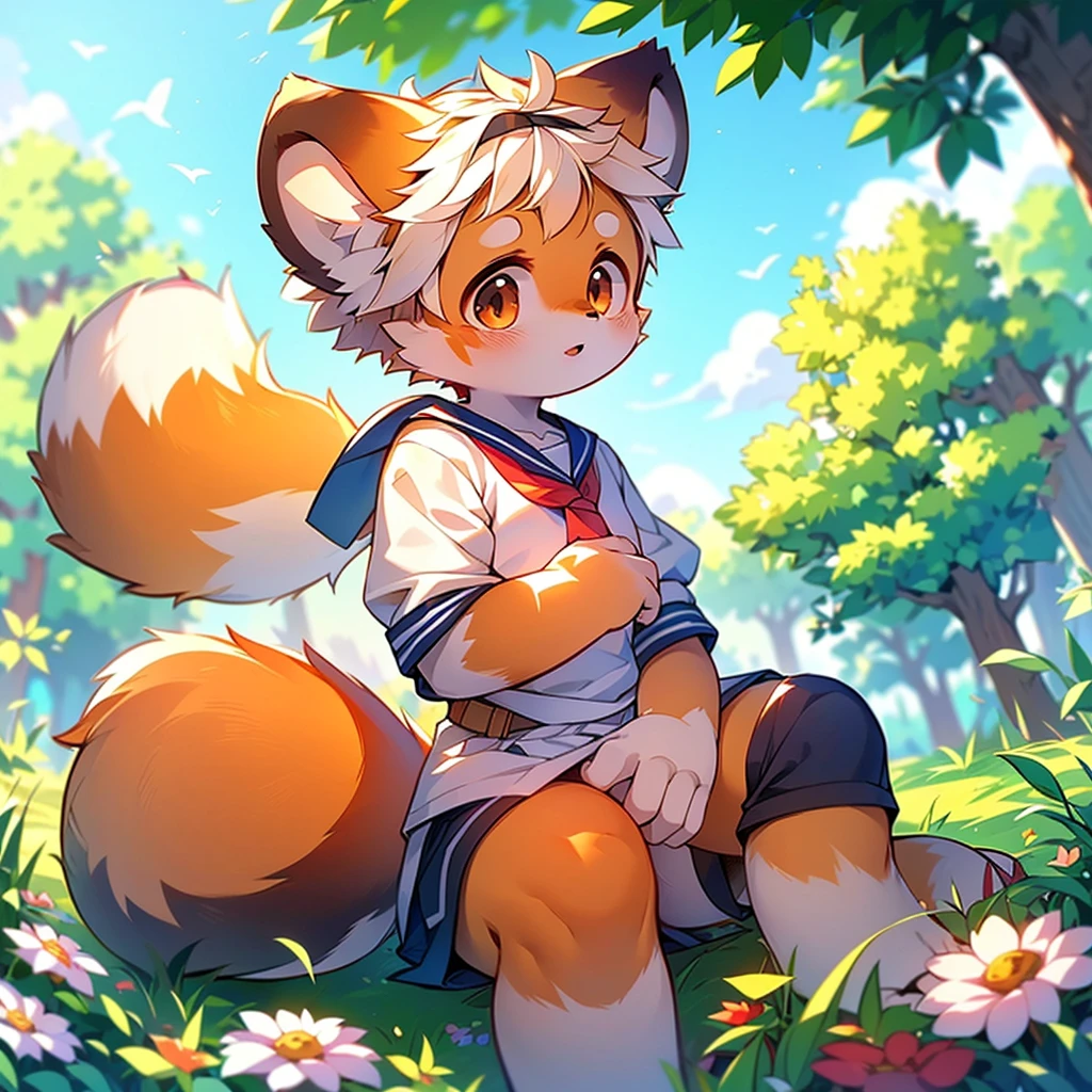 Red Panda Girl,Characteristics of the Sailor Suit,super high quality,Very detailed,High resolution,Cute art style in anime,Rice field scenery,(Cheerful ager,13 y),alone,single,Cute face female