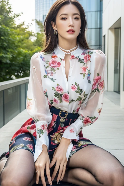 (Highest quality、Ultra-high resolution、masterpiece)、(Full Body Portrait)、(colored shirt with collar)、(long skirt with floral pattern:1.3)、((silk pantyhose))、High heels、Sitting with legs crossed、1 girl、(Large Breastodern architecture in the background、(((Perfect Anatomy, Perfect body, Perfect hands, Perfect Face, Perfect Eyes, Accurate, Anatomically correct))), Perfectly clear and sharp focus, Highest quality、Ultra-high resolution, masterpiece, Ultra-realistic、Professional Lighting