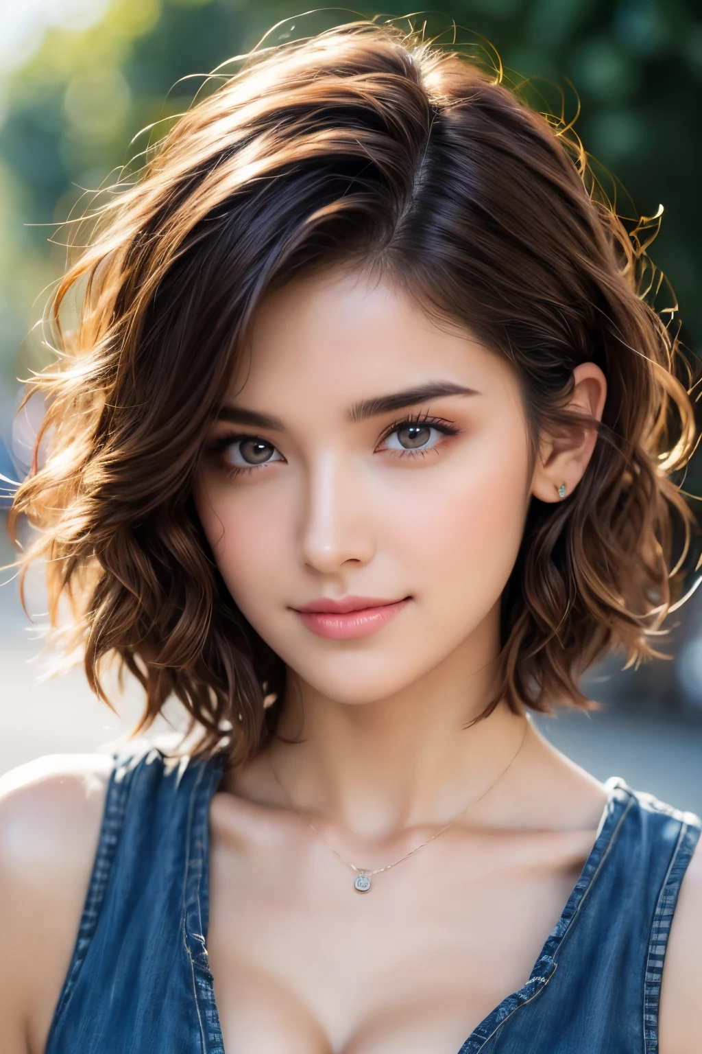 score_9, score8_up, girl, (ultra detailed perfect symmetrical face, eyes, nose:1.5), masterpiece, high quality realistic, aesthetic photo, pore and detailed, intricate detailed, graceful and beautiful textures, RAW photo, 16K, (head to waist portrait), cinematic lighting, diffused sunlighting, in the city street, beautiful girl, cute face, hint of cleavage, little smile, smooth fair skin, light-green eyes, light brown wavy short hair, curled bangs, earing, thin necklace, open chest tanktop, jeans,