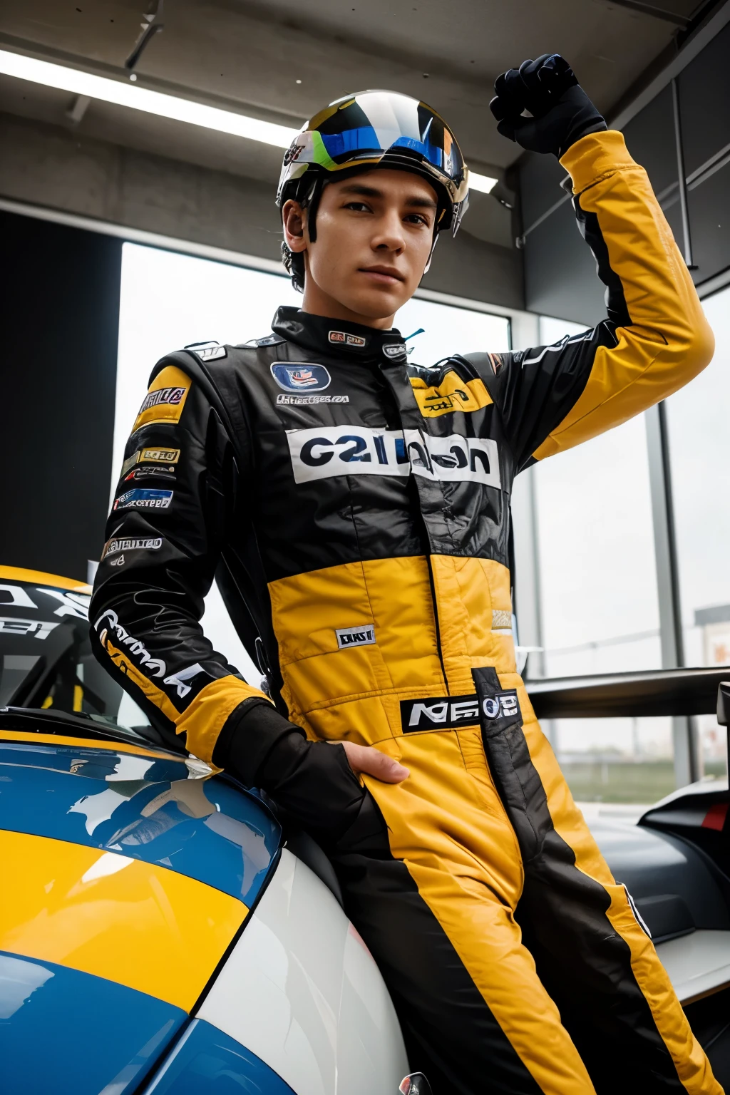 male pilot; with colorful gt3 racing uniform; with your hand up; with helmet;
