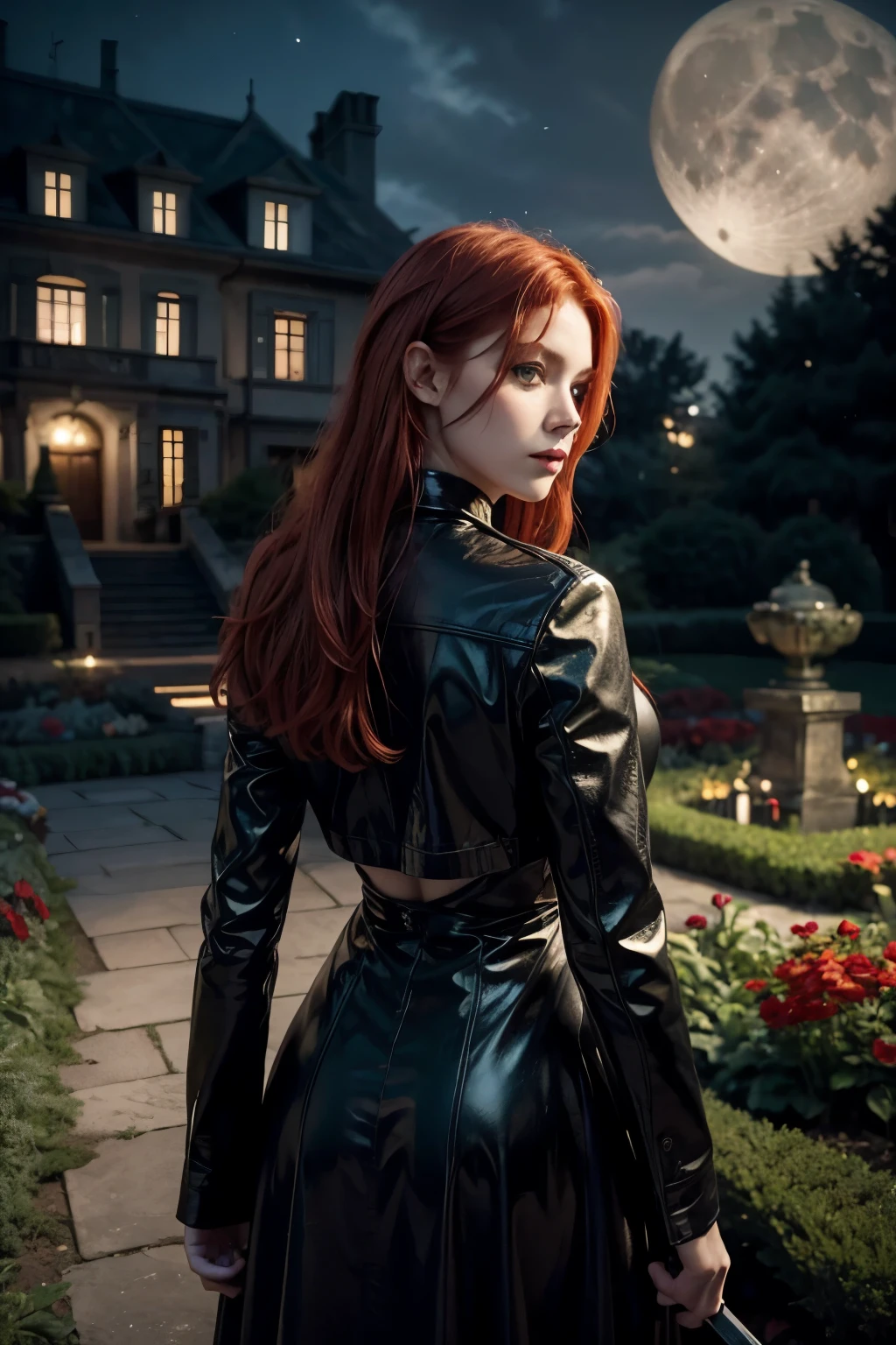 realistic, 1 girl, red hair, green eyes, black leather outfit, from behind, garden, flowers, mansion, night, moon, knife in hand
