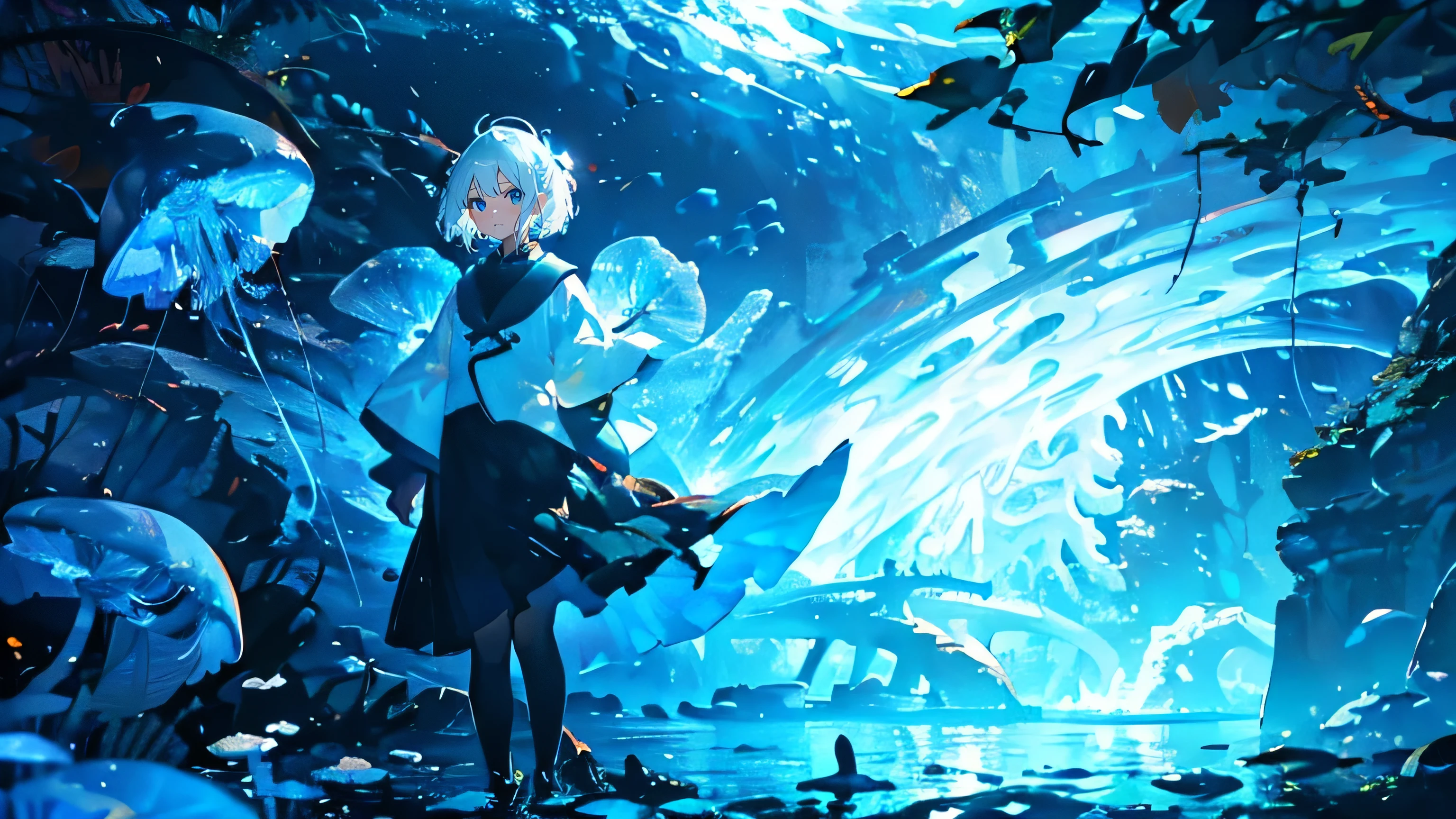 (Flying debris), (Highest quality), Very detailed, 1 boy, Solo full body shot, Perfect Face, beautiful girl, Very detailed顔，(Short white hair:1.5)，(blue eyes:1.4)，(float:1.4)，(In the water:1.4)，(float:1.3)，seabed，School of fish，Light，jellyfish，Seaweed，Red fish，Yellow fish，deep sea，Fantasy