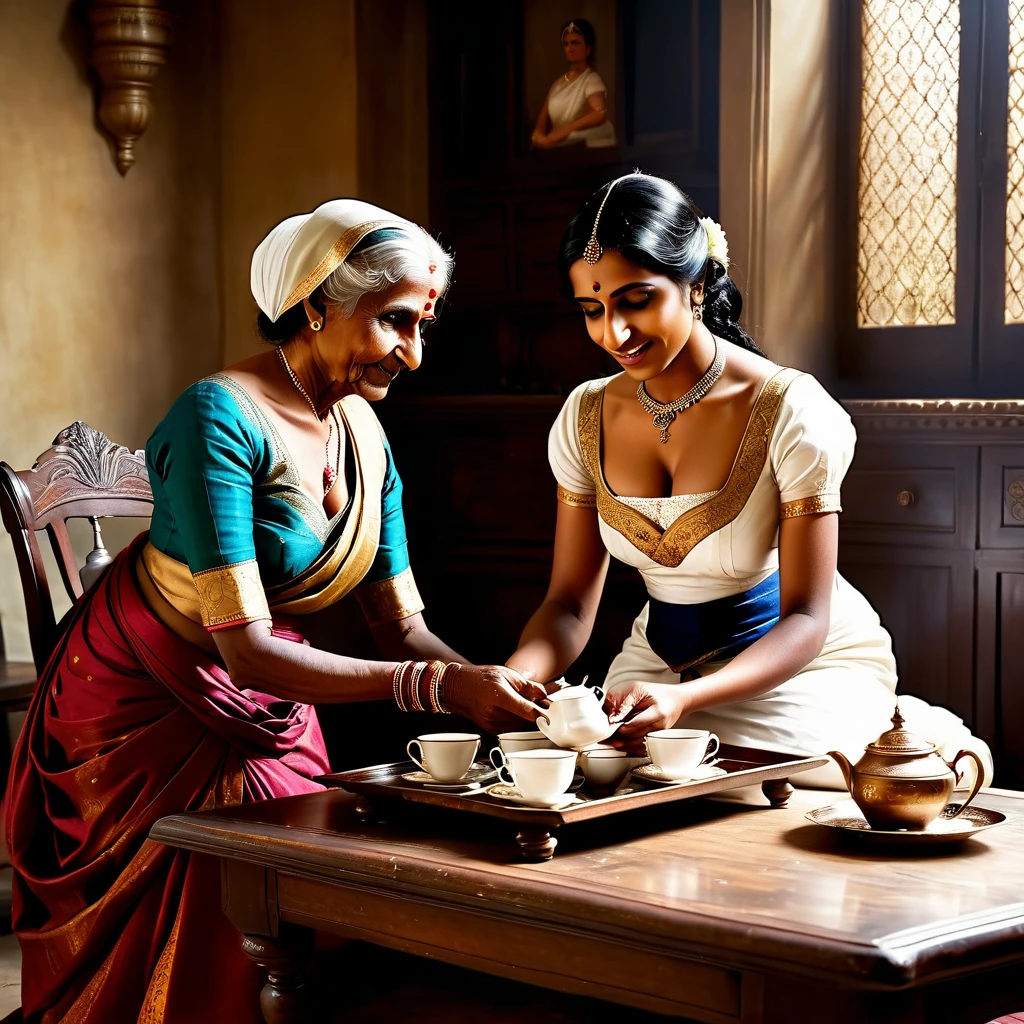 a british master slave relationship where an indian maid wearing a saree kneeling beside a table holding a tray of tea cups and serving it to an british old woman who is standing triumphantly, realistic, beautiful, sexy