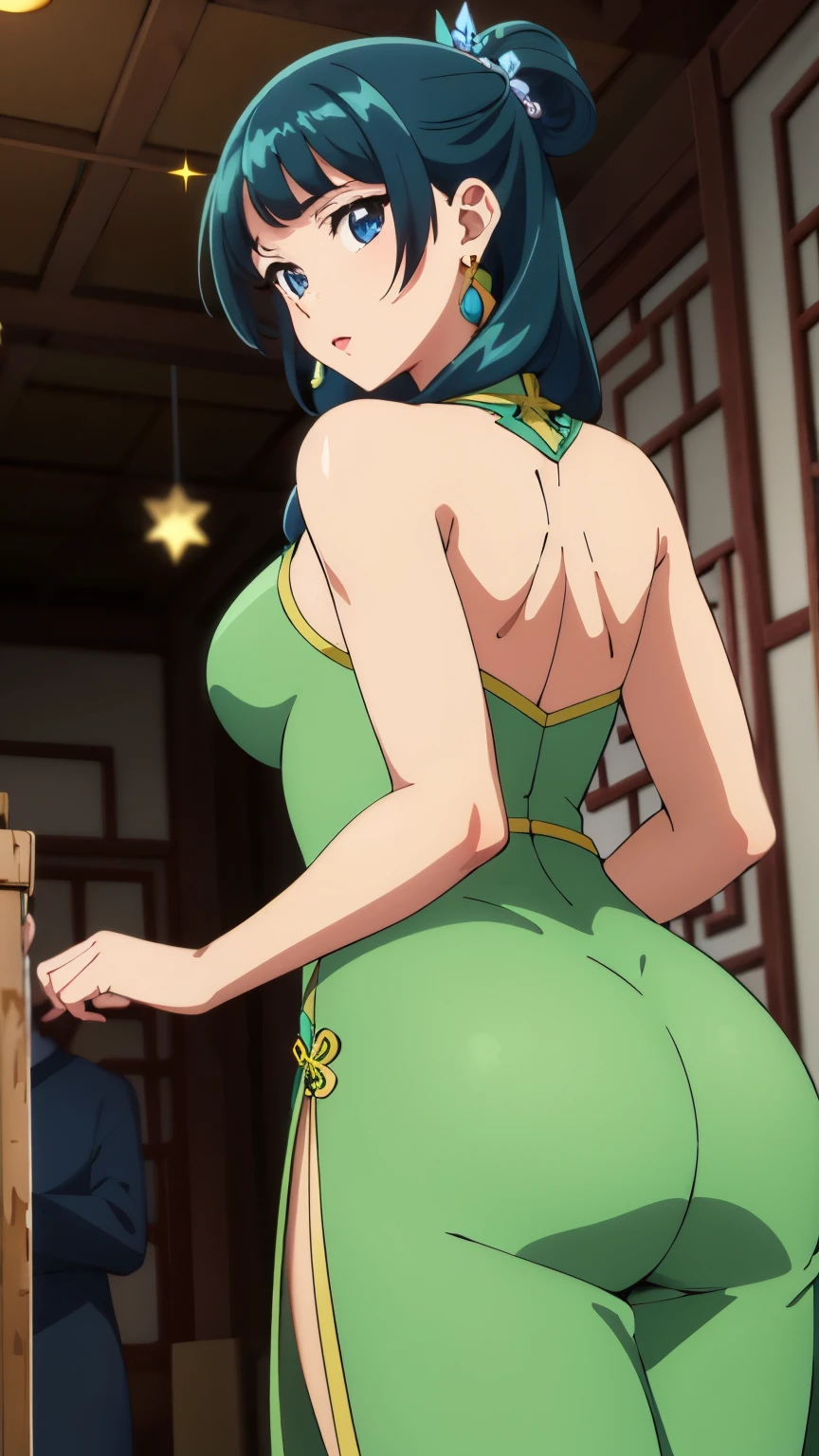 Top quality (8k, high resolution, masterpiece: 1.2), super detailed, anime art style, dynamic angle, photo from behind, teen style, (Chinese dress, exposed shoulders, earrings, indoor), Thicc ass,  detailed green hair, detailed blue eyes, intricate hairstyle, long hair , slim body, sparkling eyes, youthful, hair accessories, earrings, half-updo, slightly dull bangs, tight cloths, detailed lighting, bright colors, looking at the viewer, in the center of the image, cowboy shot, ((FOCUS ON ASS))