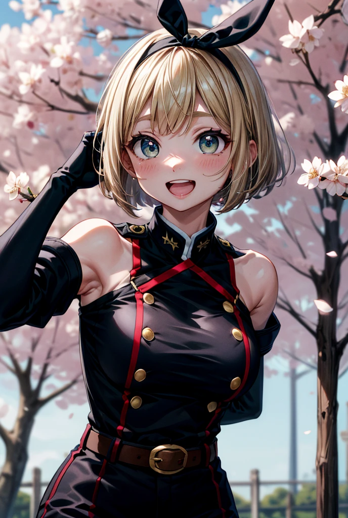 (masterpiece), best quality, (((ultra detailed, 8k quality))), expressive eyes, perfect face, perfect anatomy, perfect body, scene, blond hair
, ShushuSuruga, bob cut, black hairband,  military uniform, bare shoulders, elbow gloves, belt, black shorts, knee boots, upper body
arms behind back, leaning forward, standing, outdoors, smile, open mouth, cherry blossoms,