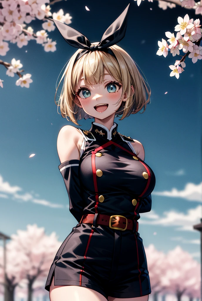 (masterpiece), best quality, (((ultra detailed, 8k quality))), expressive eyes, perfect face, perfect anatomy, perfect body, scene, blond hair
, ShushuSuruga, bob cut, black hairband,  military uniform, bare shoulders, elbow gloves, belt, black shorts, knee boots, upper body
arms behind back, leaning forward, standing, outdoors, smile, open mouth, cherry blossoms,