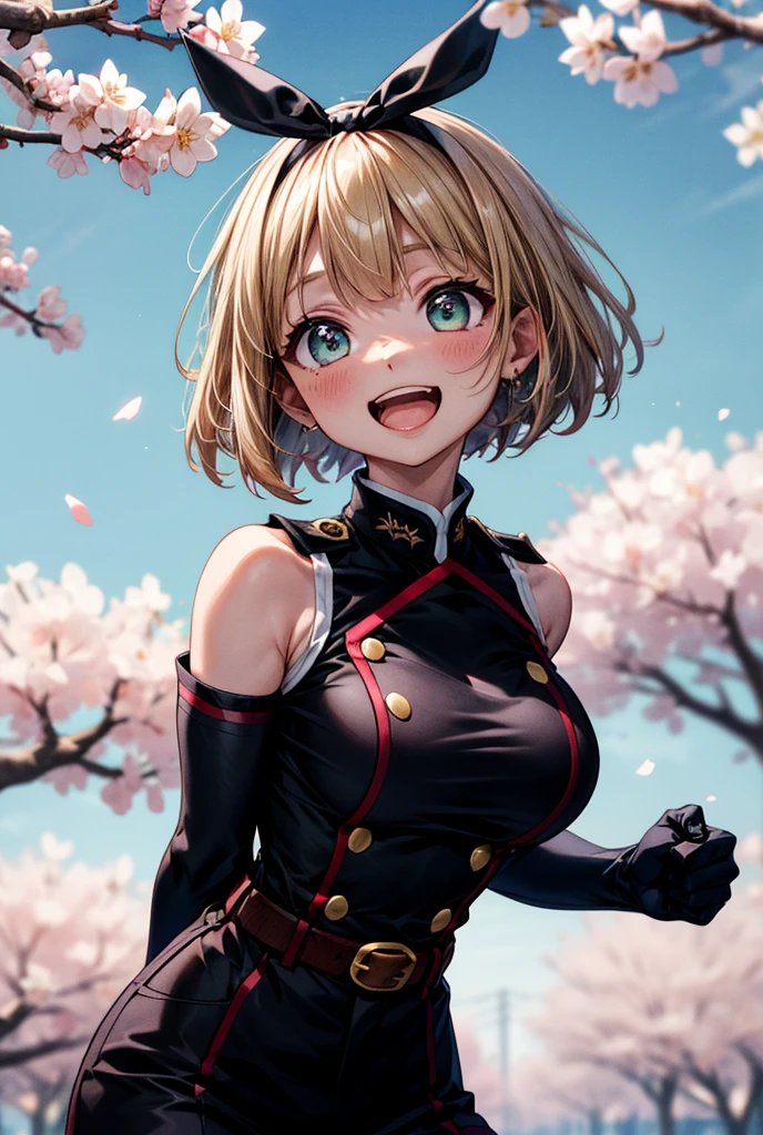 (masterpiece), best quality, (((ultra detailed, 8k quality))), expressive eyes, perfect face, perfect anatomy, perfect body, scene, blond hair
, ShushuSuruga, bob cut, black hairband,  military uniform, bare shoulders, elbow gloves, belt, black shorts, knee boots, upper body
arms behind back, leaning forward, standing, outdoors, smile, open mouth, cherry blossoms,