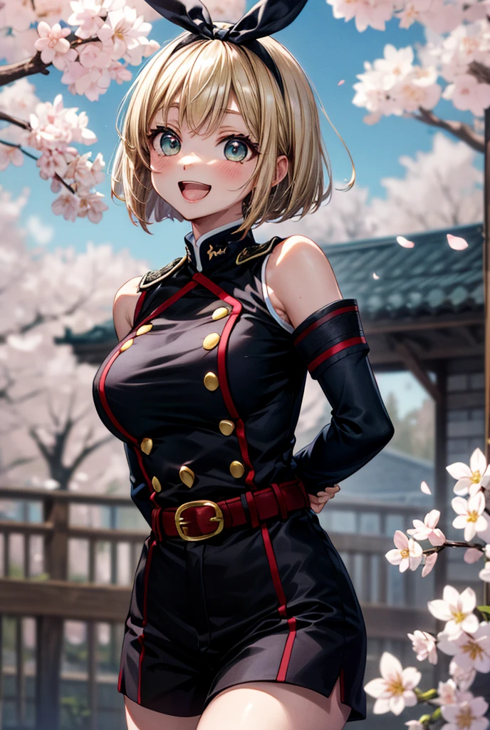 (masterpiece), best quality, (((ultra detailed, 8k quality))), expressive eyes, perfect face, perfect anatomy, perfect body, scene, blond hair
, ShushuSuruga, bob cut, black hairband,  military uniform, bare shoulders, elbow gloves, belt, black shorts, knee boots, upper body
arms behind back, leaning forward, standing, outdoors, smile, open mouth, cherry blossoms,