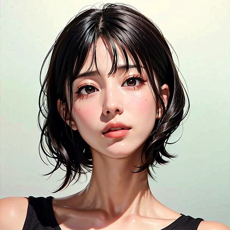 Beautiful girl with short hair with straight front bangs covering her forehead to her eyebrows, Long Side Bangs with locks of hair on the sides of the face are longer reaching below the chin or shoulders. Short Back Part with Exposed Nape. Behind the ears the hair is short, exposing the back of the neck. Hair on the back of the neck is well cut and defined with a precise finish