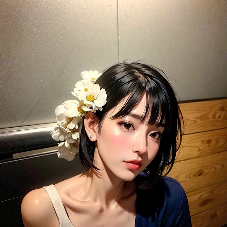 Beautiful girl with short hair with straight front bangs covering her forehead to her eyebrows, Long Side Bangs with locks of hair on the sides of the face are longer reaching below the chin or shoulders. Short Back Part with Exposed Nape. Behind the ears the hair is short, exposing the back of the neck. Hair on the back of the neck is well cut and defined with a precise finish