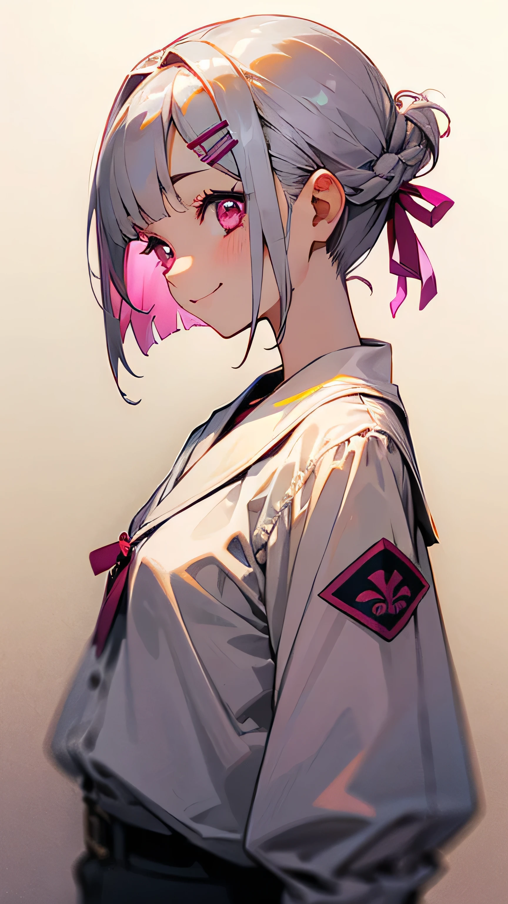 With one girl、Short silver bob hair tied in a bun with a hair clip、Pink Eyes、smile、From the side、wear a rider'Jacket、Colors based on red and green