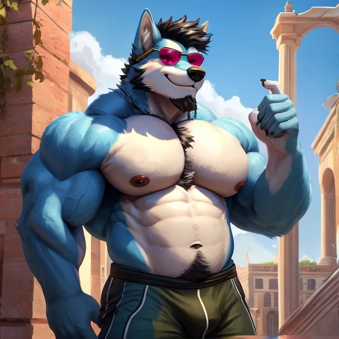 ((best quality)), ((masterpiece)), (Ultra detailed), ((4k)).
Anthro Wolf , Light Blue Fur , Black hair , Short Hair , Short beard , Handsone , Good Looking , Green Eyes ,(Eyes Details), Middle Ages , Huge Pecs , muscle Fat Belly , cute pose , sunglasses , Smirk, pose