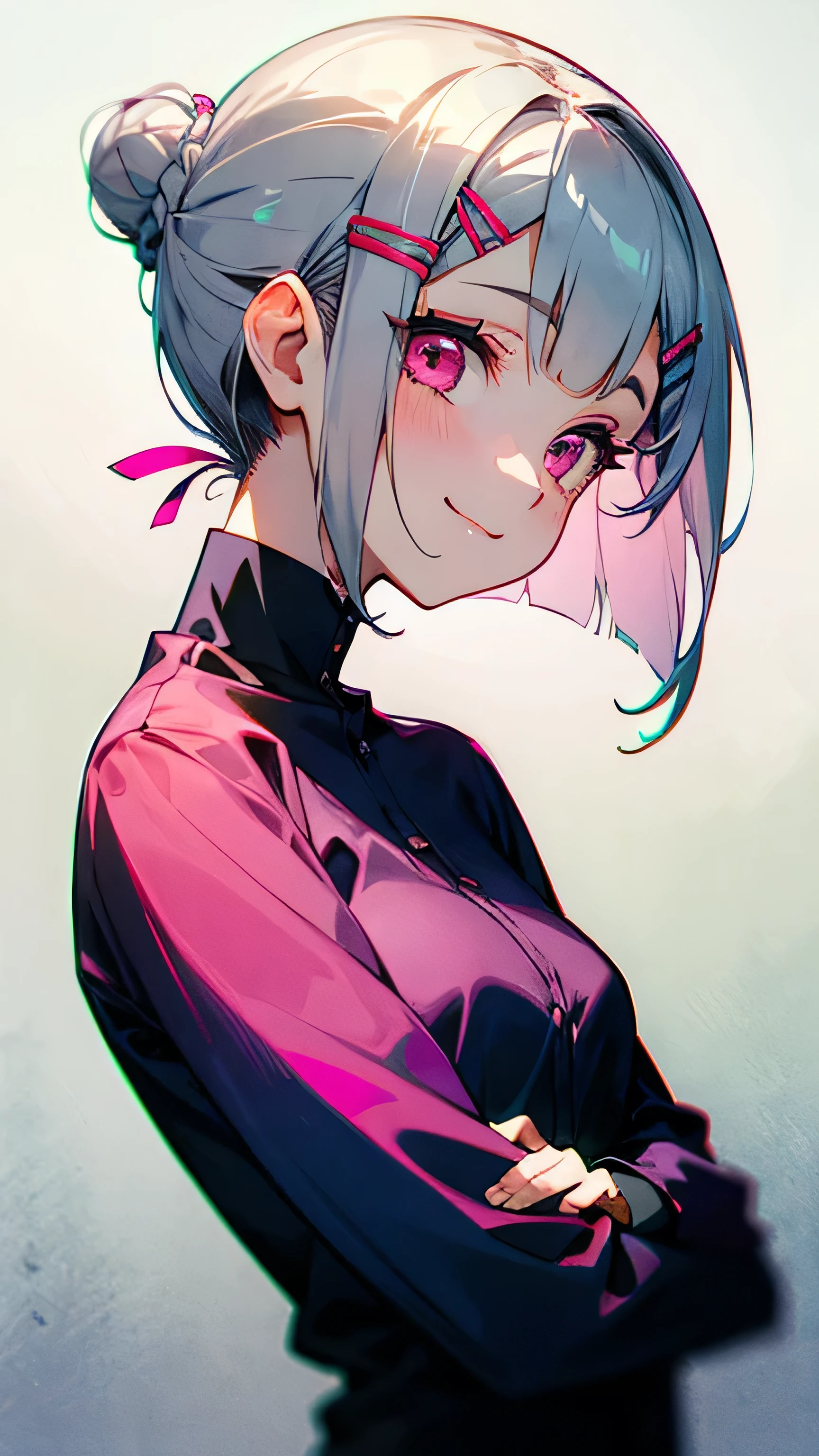 With one girl、Short silver bob hair tied in a bun with a hair clip、Pink Eyes、smile、From the side、wear a rider'Jacket、Colors based on red and green