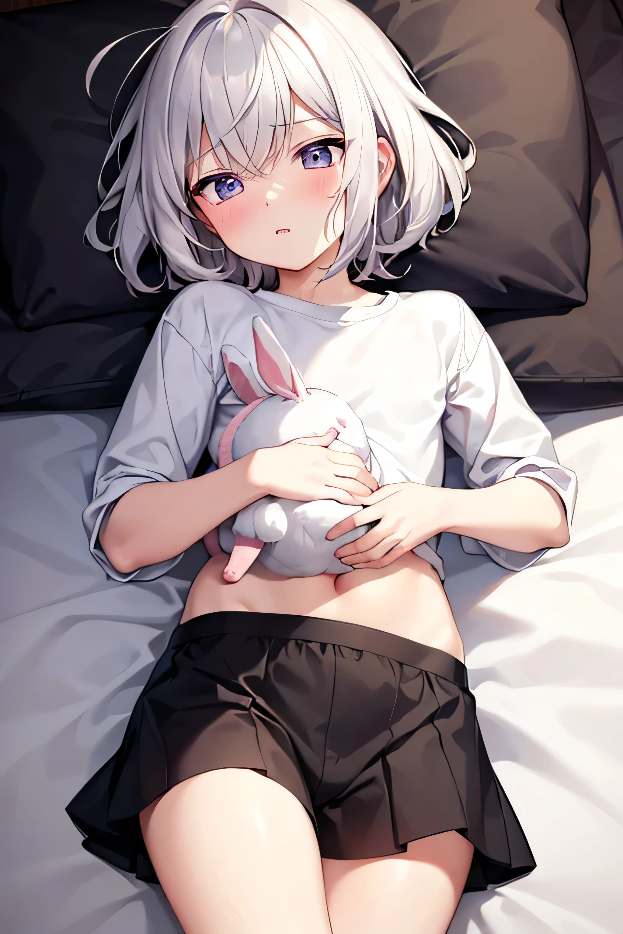 A cute, soft, sensitive boy He looks like girls in the face only a little and the softness in his face, he has short white hair, Pink-black eyes,white Pajamas with a picture of a rabbit , and tries to make an angry face And sleeping in bed with the rabbit doll