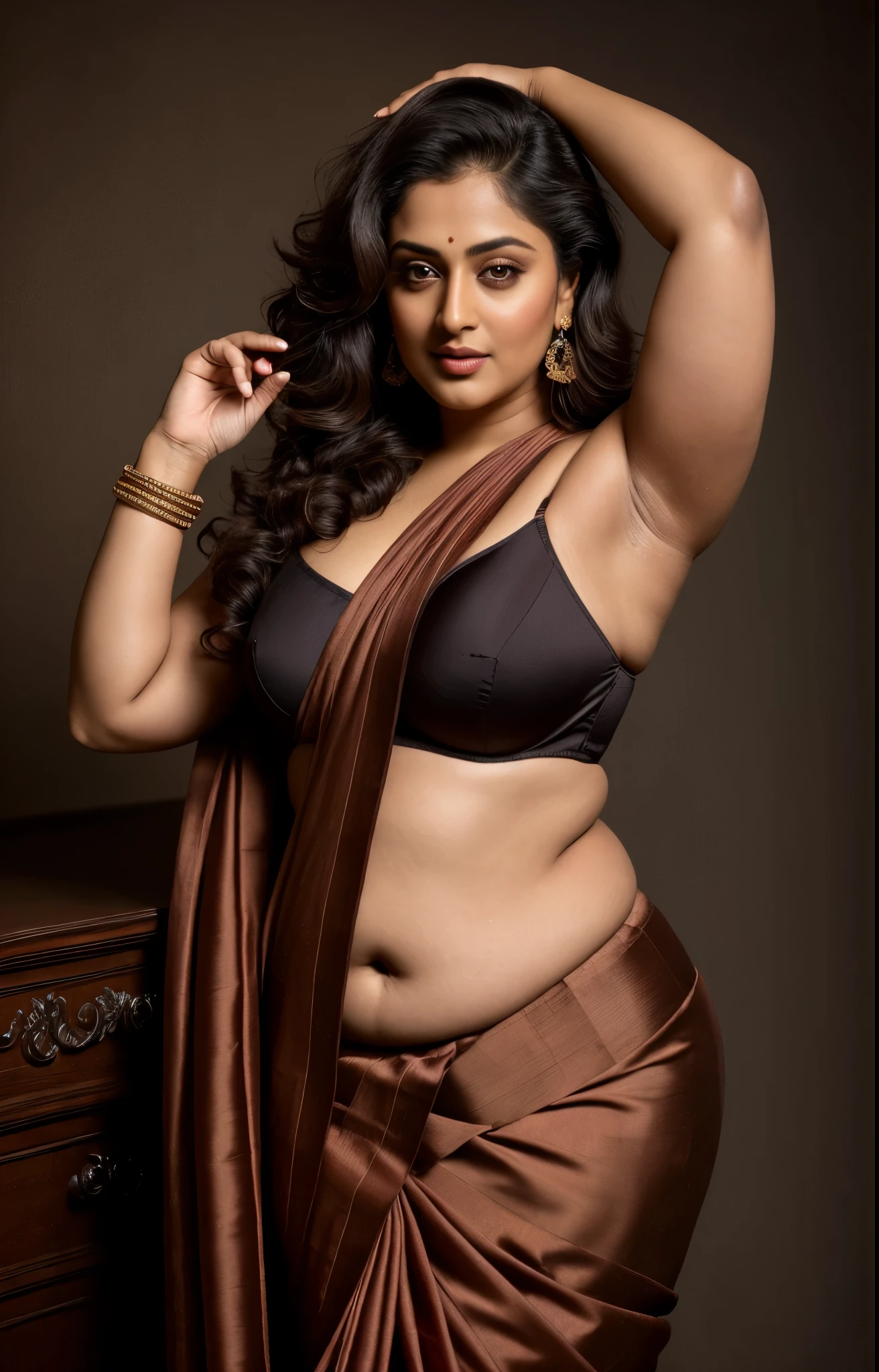 Looks like Sandeepa Dhar, a photo portrait of a beautiful girl 45 years old Woman, curvy hot mommy figure, fleshy figure, with curls, styled black hair, (face portrait:1.5), dramatic light, Rembrandt lighting scheme, bust shot, top quality editorial photograph, skin texture, skin pores, chocolate skin, high quality skin, top quality photography, professional photography, professional retouching, insane detailing, warm moody tones, traditional clothes, modern designer saree, traditional saree, strapless bra Saree, highly detailed armpits, thick fleshy Desi aunty bhabhi, Full figured woman, juicy thick figure, bulky figure, curvy, full figured aunty, Sexy navel folds, fleshy figure, Wearing a Stanapatta, highly detailed stubble armpits, skin pores, sweat, veins, lifelike texture, warm Moody tones, Rembrandt lighting