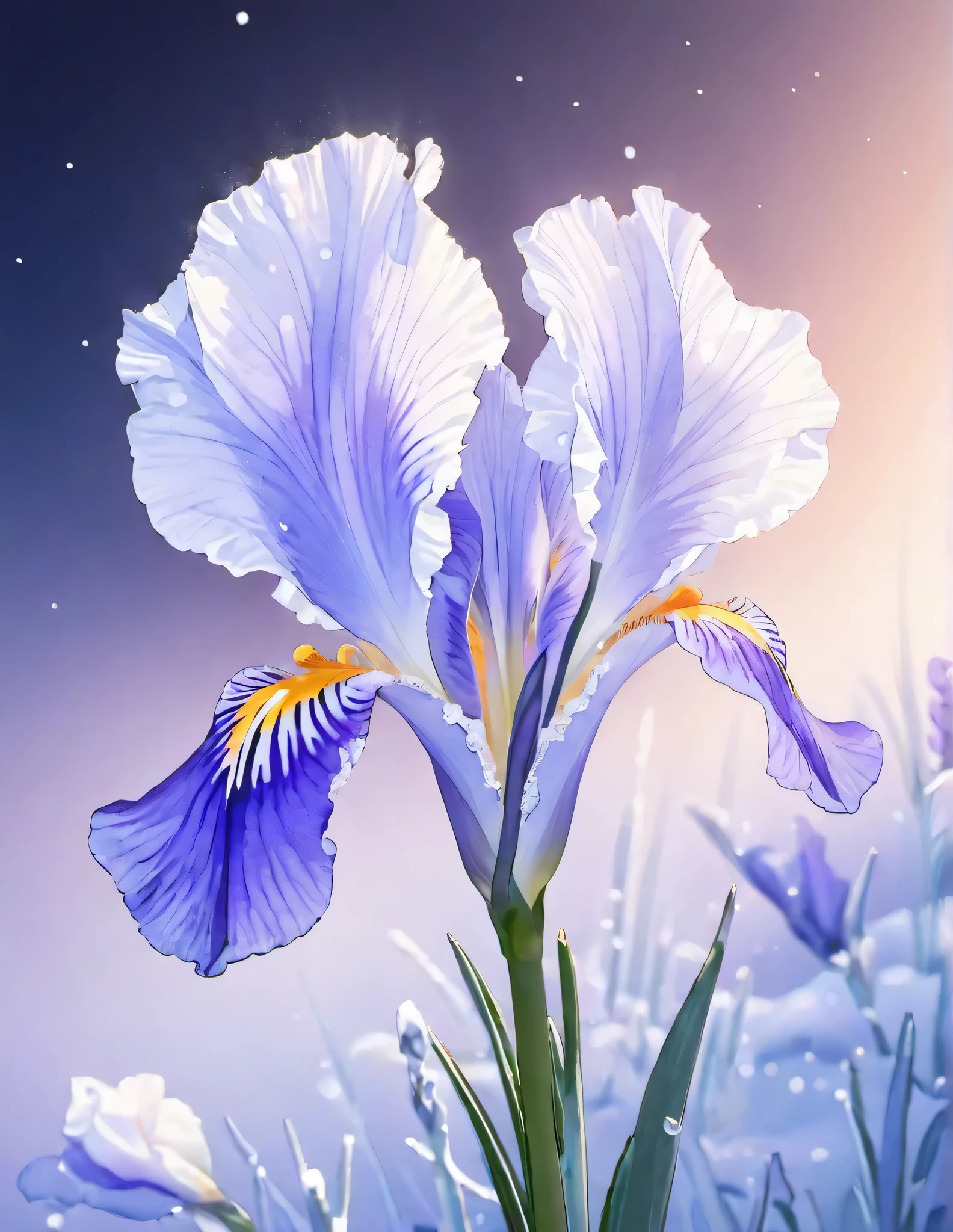 Cute Cartoon,CuteCartoonAF, (covered in rime ice:1.3), an enchanting macro shot of early (rime ice) delicately forming on a single, slender stalk of a colorful (iris) flower. The intricate (ice crystals) embrace the bloom, capturing the subtle magic of a frosty morning. Microscopic wonder, frozen delicacy, botanical enchantment, ice-kissed iris, nature's detail, anime realism, perfect illustration, (bright night)